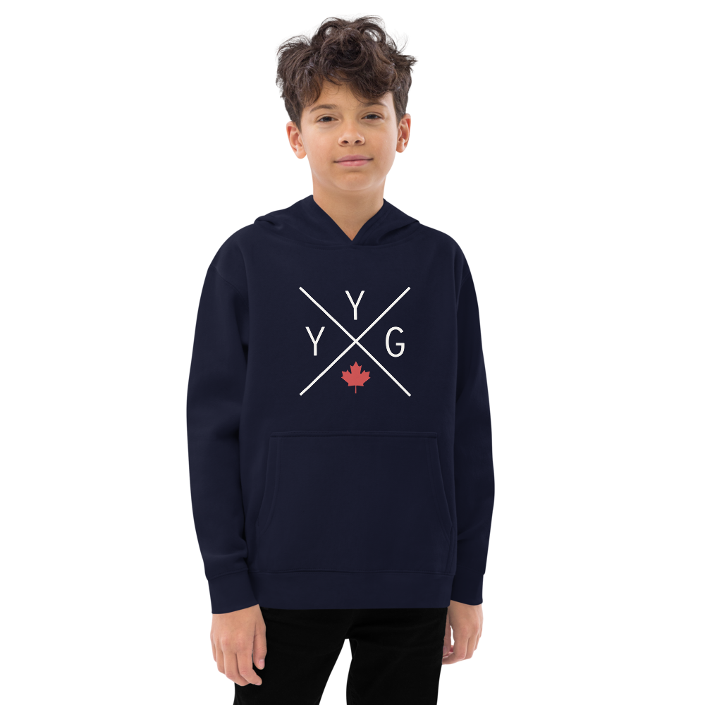 YHM Designs - YYG Charlottetown Airport Code Kid's Fleece Hoodie - Crossed-X Design with Red Canadian Maple Leaf - Image 01
