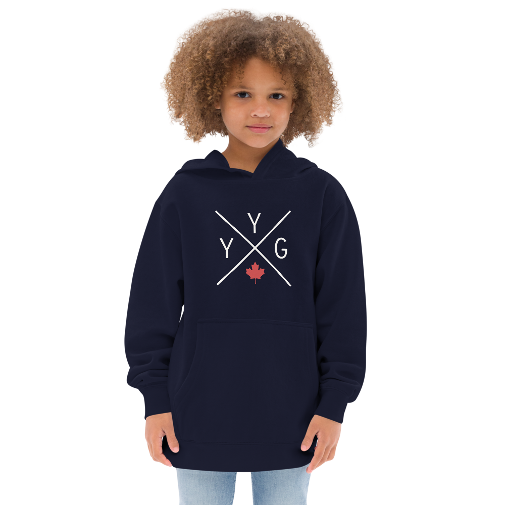 YHM Designs - YYG Charlottetown Airport Code Kid's Fleece Hoodie - Crossed-X Design with Red Canadian Maple Leaf - Image 03