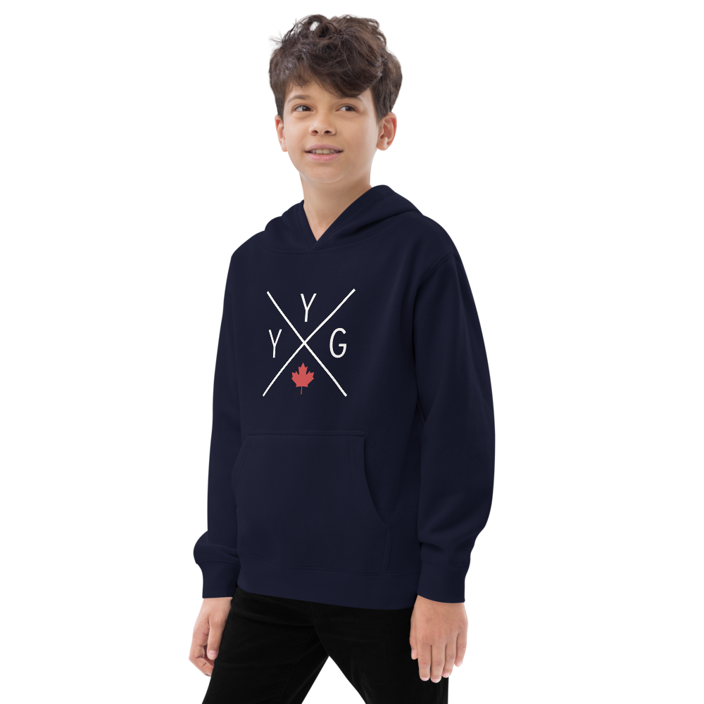 YHM Designs - YYG Charlottetown Airport Code Kid's Fleece Hoodie - Crossed-X Design with Red Canadian Maple Leaf - Image 09
