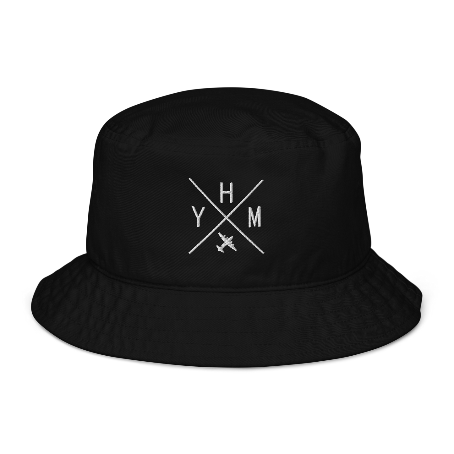 YHM Designs - YHM Hamilton Organic Cotton Bucket Hat - Crossed-X Design with Airport Code and Vintage Propliner - White Embroidery - Image 01