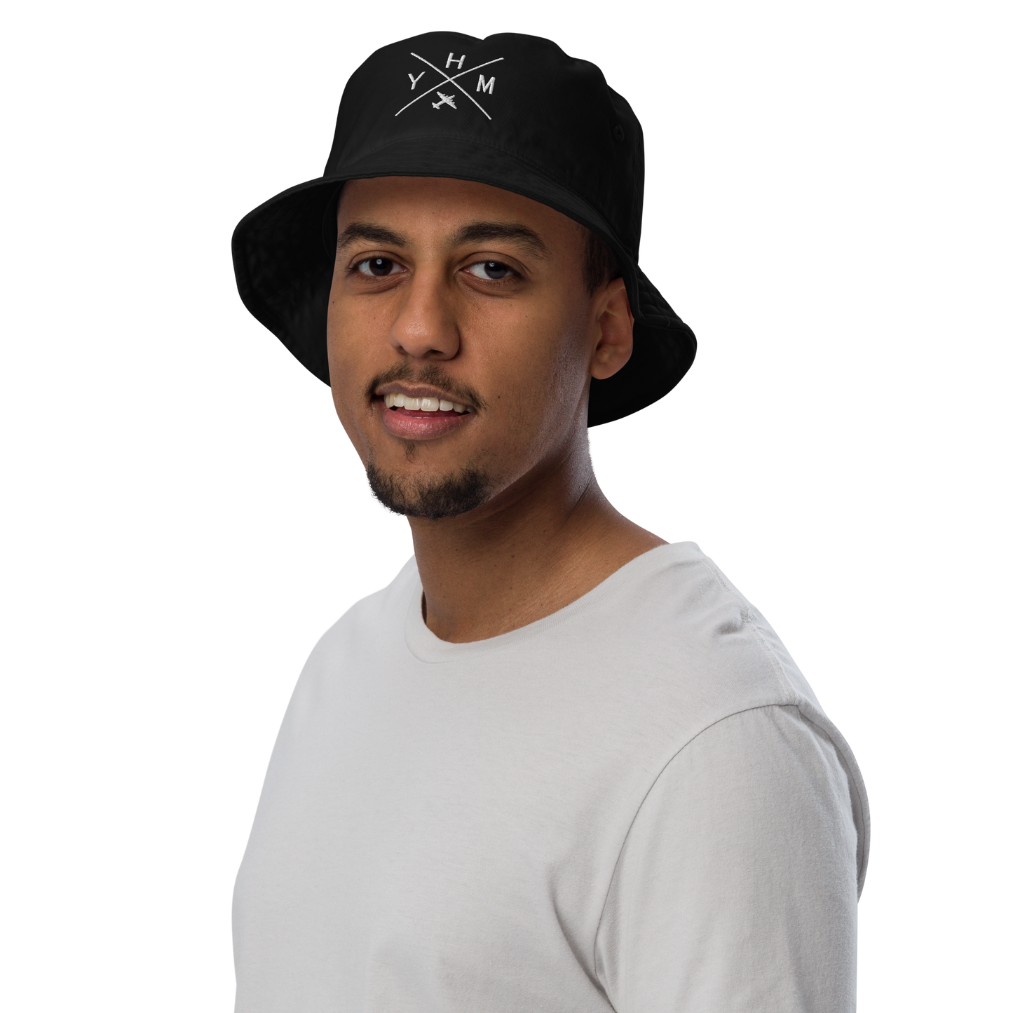YHM Designs - YHM Hamilton Organic Cotton Bucket Hat - Crossed-X Design with Airport Code and Vintage Propliner - White Embroidery - Image 05