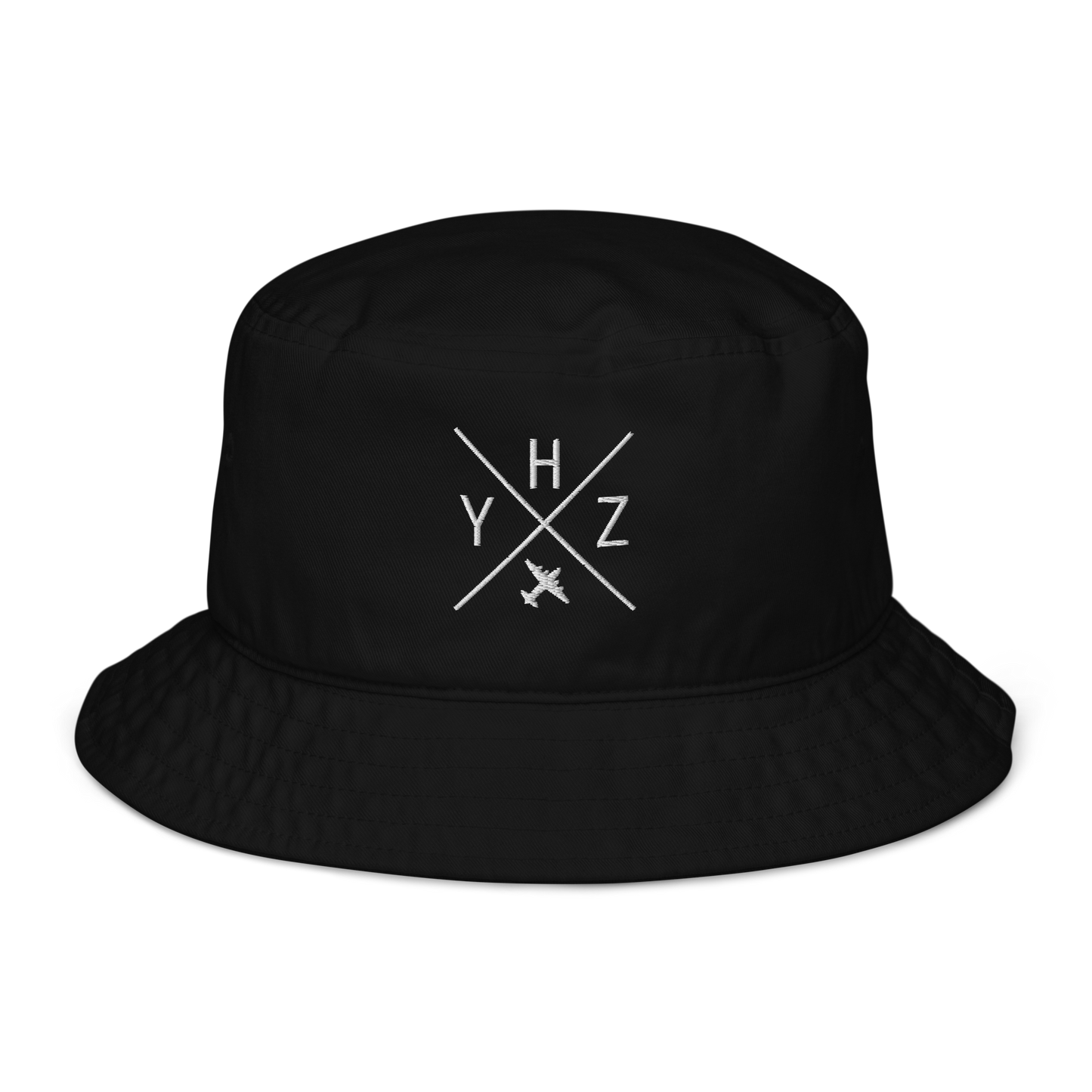 YHM Designs - YHZ Halifax Organic Cotton Bucket Hat - Crossed-X Design with Airport Code and Vintage Propliner - White Embroidery - Image 01