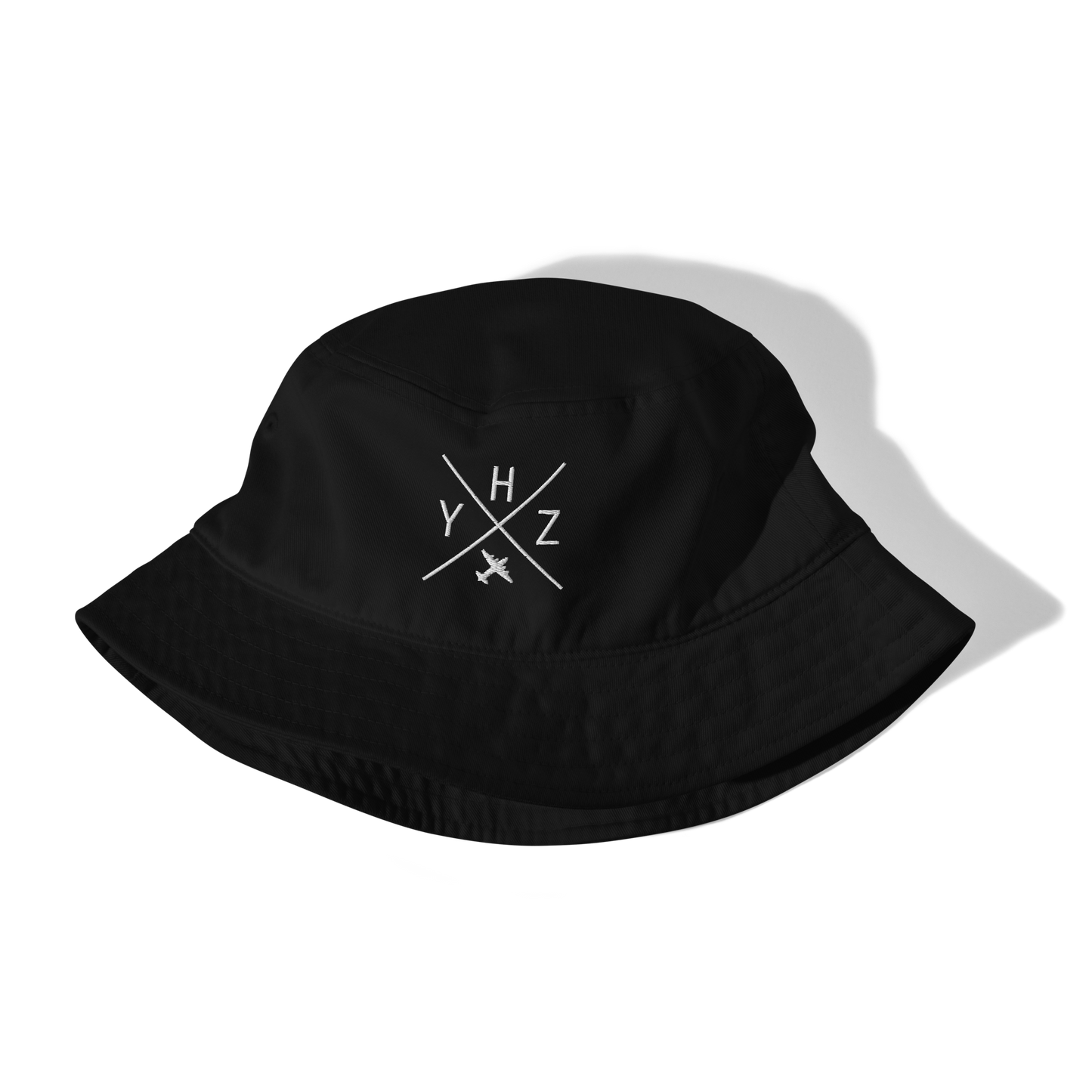 YHM Designs - YHZ Halifax Organic Cotton Bucket Hat - Crossed-X Design with Airport Code and Vintage Propliner - White Embroidery - Image 02