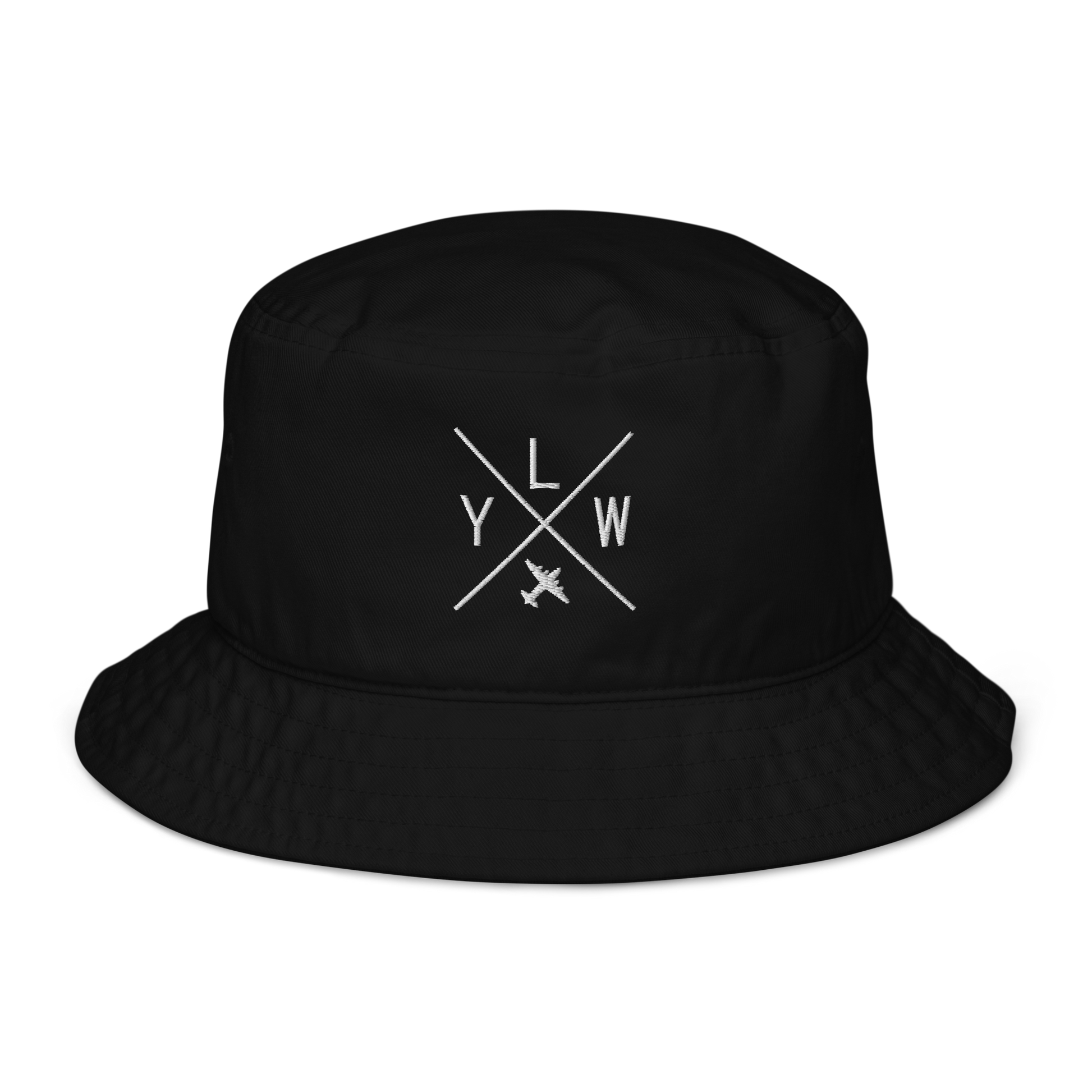 YHM Designs - YLW Kelowna Organic Cotton Bucket Hat - Crossed-X Design with Airport Code and Vintage Propliner - White Embroidery - Image 01