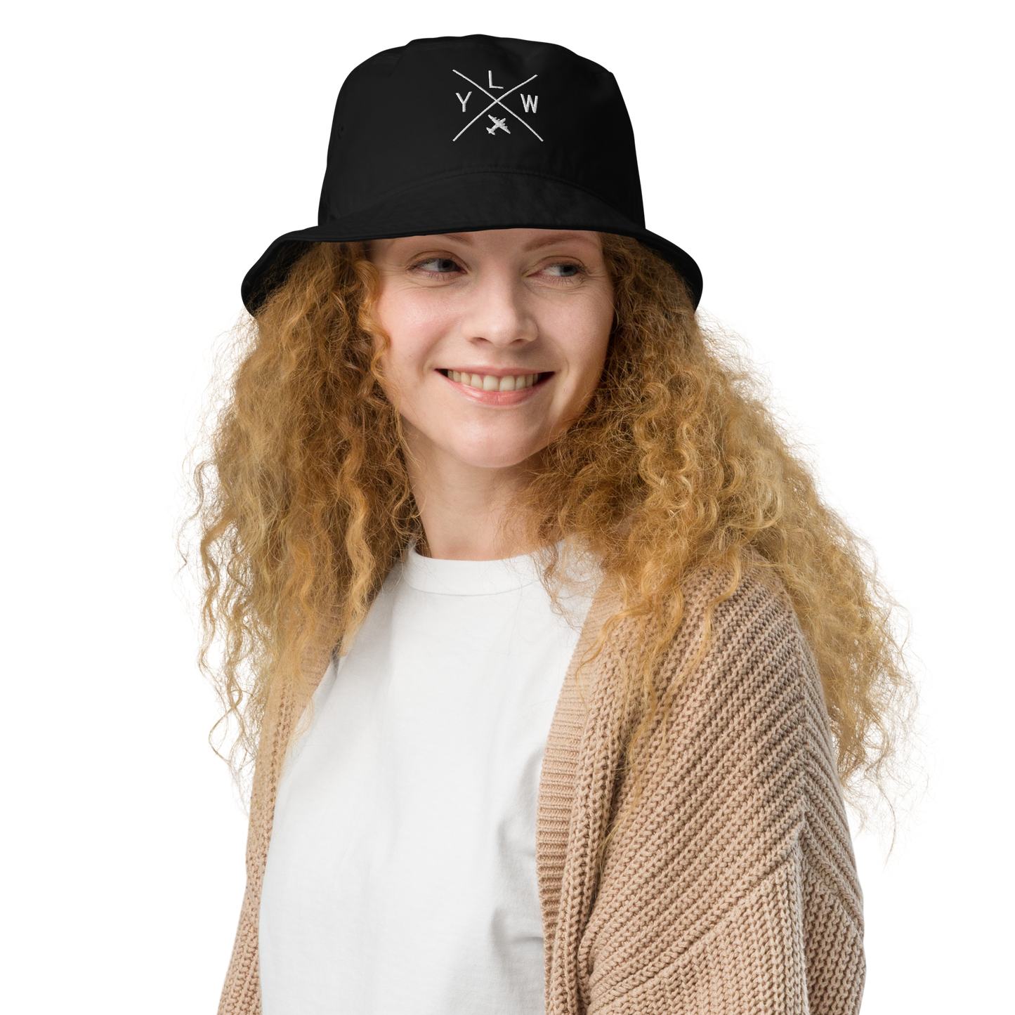 YHM Designs - YLW Kelowna Organic Cotton Bucket Hat - Crossed-X Design with Airport Code and Vintage Propliner - White Embroidery - Image 04