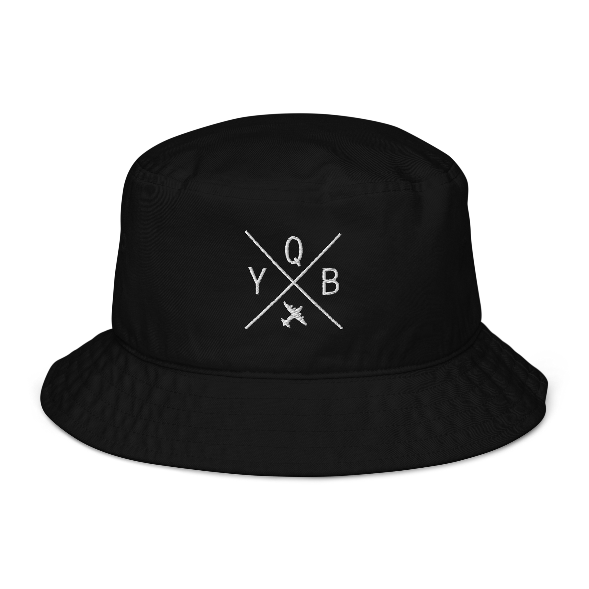 YHM Designs - YQB Quebec City Organic Cotton Bucket Hat - Crossed-X Design with Airport Code and Vintage Propliner - White Embroidery - Image 01