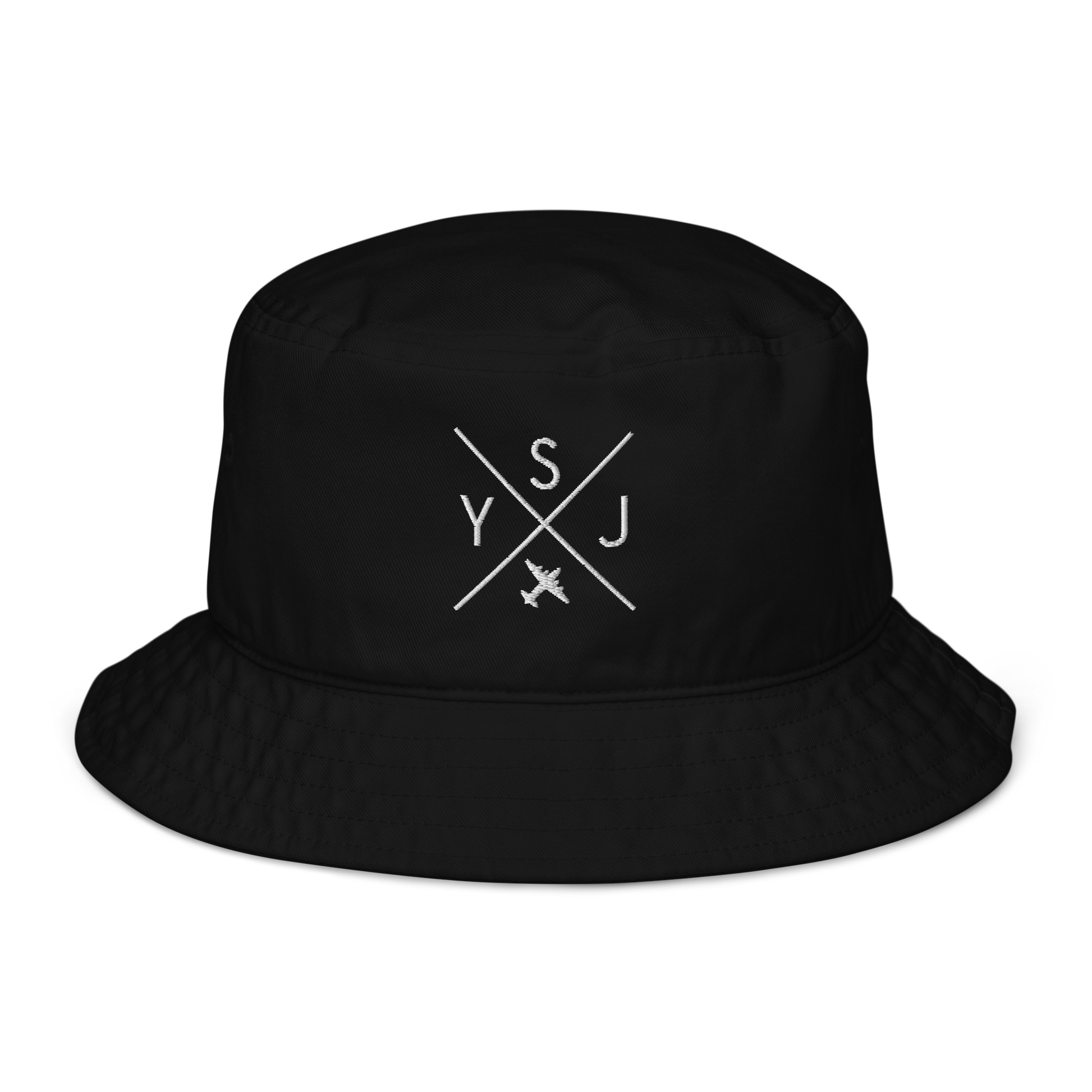 YHM Designs - YSJ Saint John Organic Cotton Bucket Hat - Crossed-X Design with Airport Code and Vintage Propliner - White Embroidery - Image 01