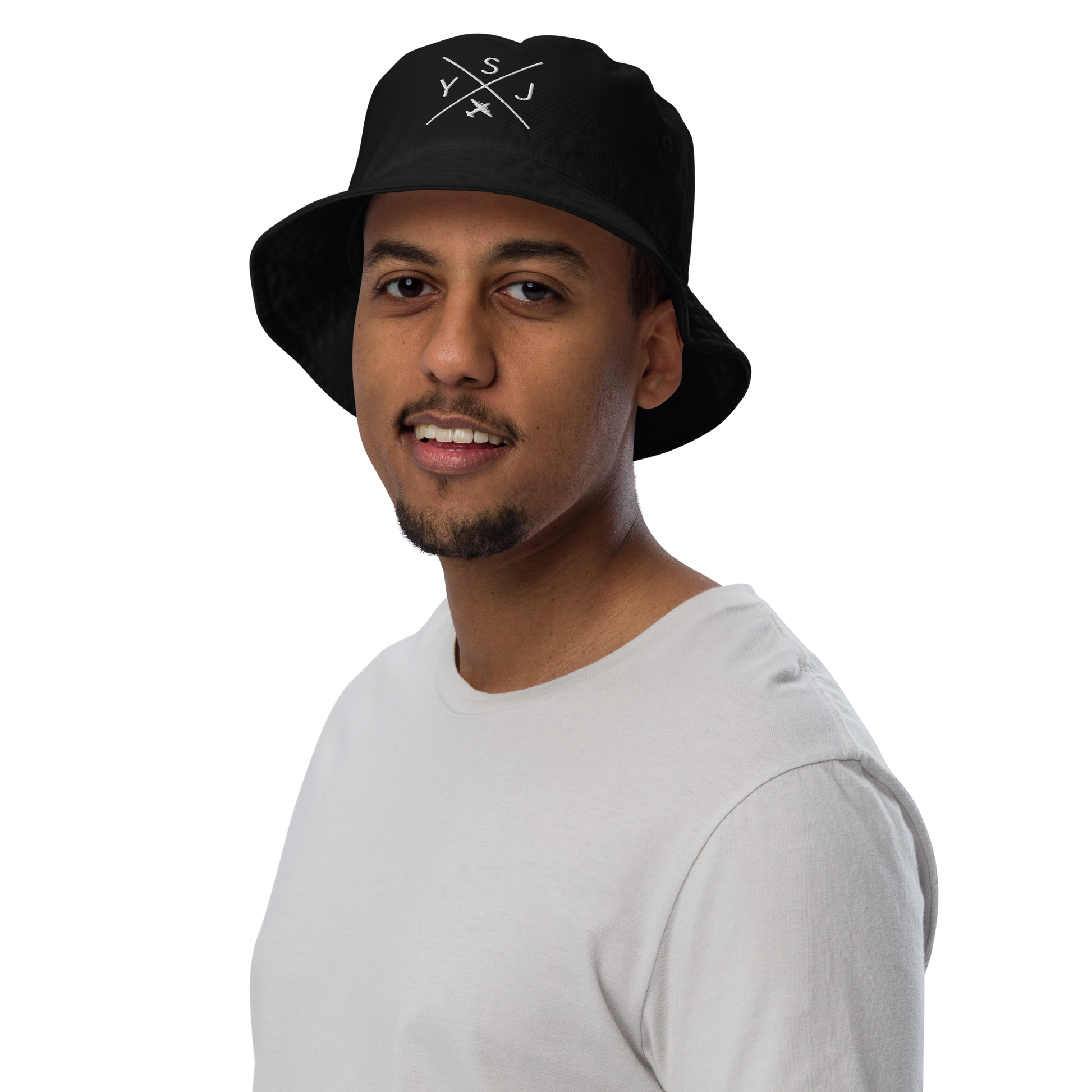 YHM Designs - YSJ Saint John Organic Cotton Bucket Hat - Crossed-X Design with Airport Code and Vintage Propliner - White Embroidery - Image 05