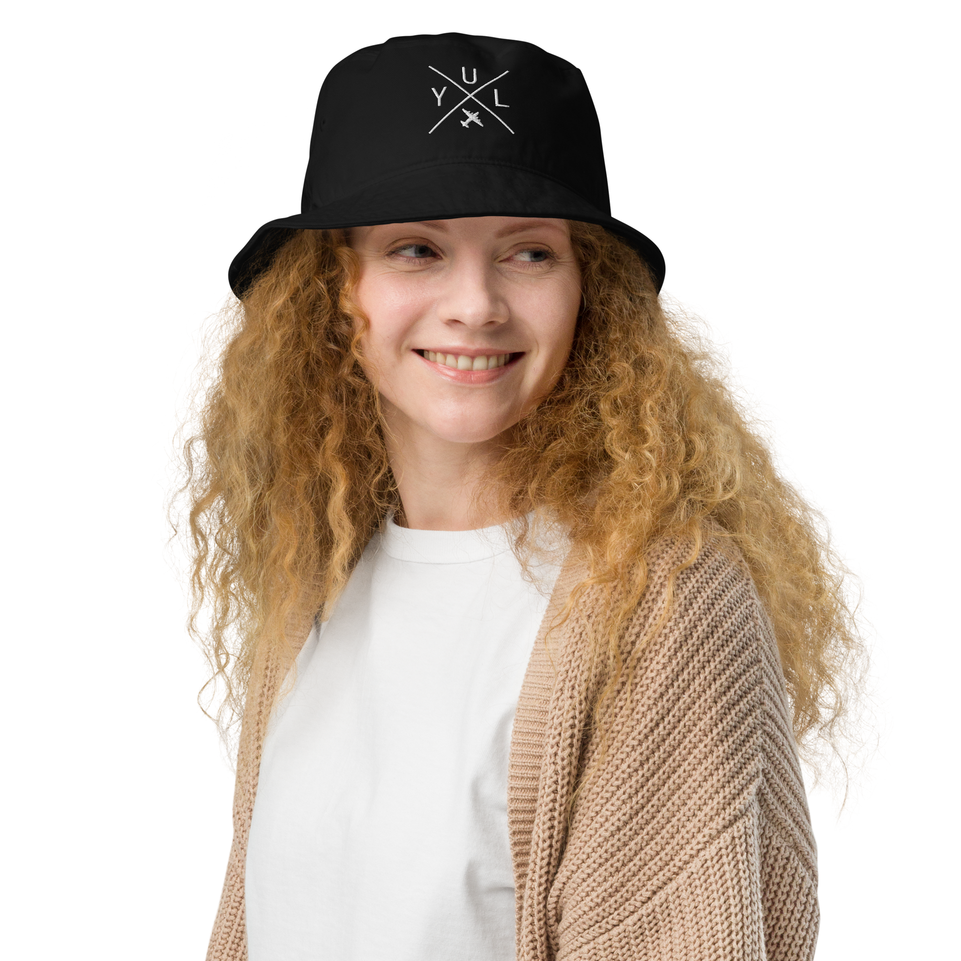 YHM Designs - YUL Montreal Organic Cotton Bucket Hat - Crossed-X Design with Airport Code and Vintage Propliner - White Embroidery - Image 04