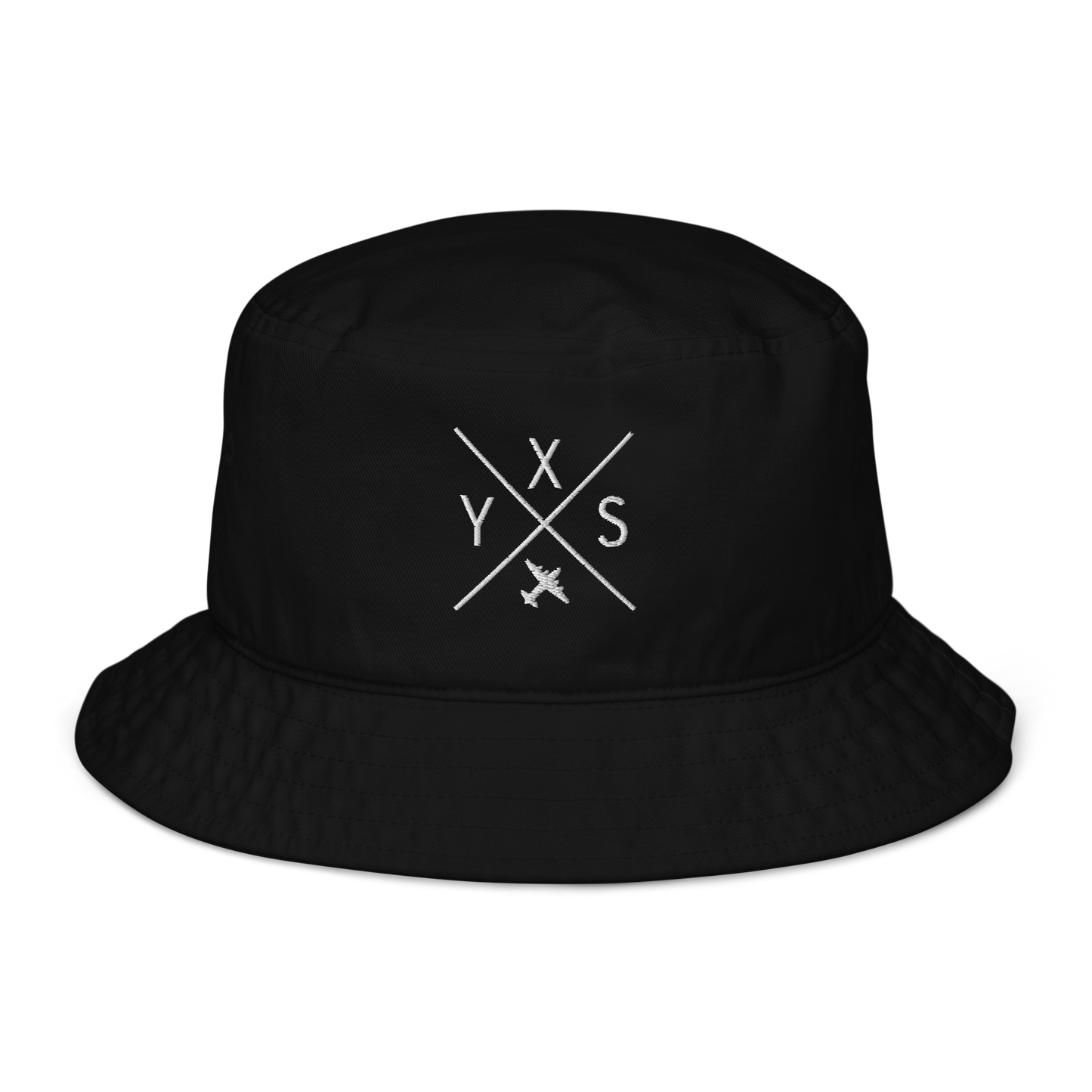 YHM Designs - YXU London Organic Cotton Bucket Hat - Crossed-X Design with Airport Code and Vintage Propliner - White Embroidery - Image 01