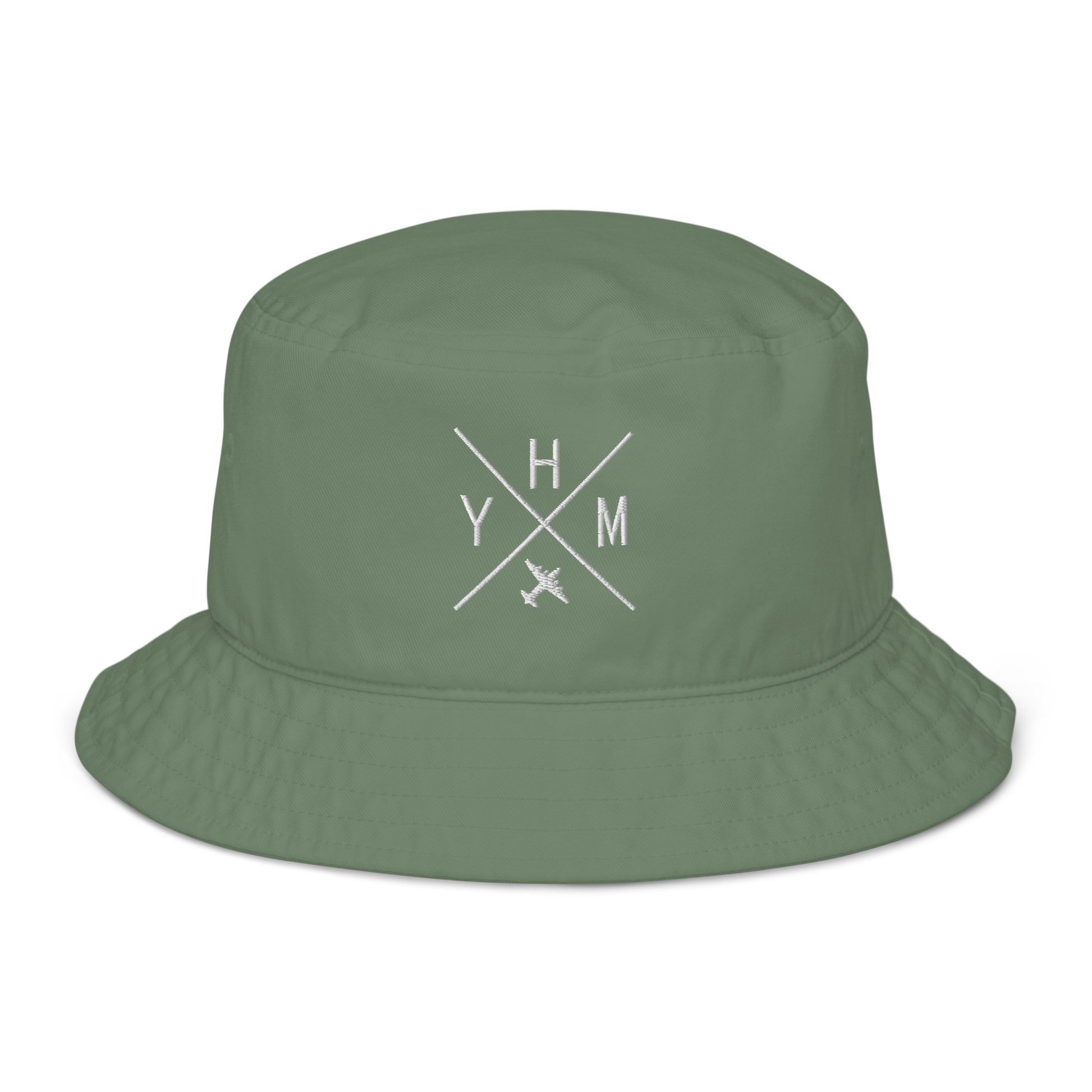 YHM Designs - YHM Hamilton Organic Cotton Bucket Hat - Crossed-X Design with Airport Code and Vintage Propliner - White Embroidery - Image 06