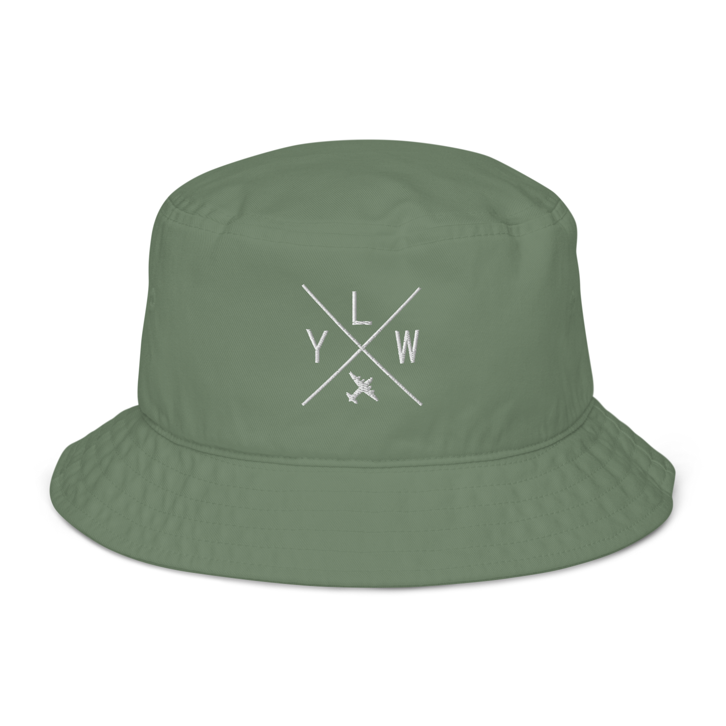 YHM Designs - YLW Kelowna Organic Cotton Bucket Hat - Crossed-X Design with Airport Code and Vintage Propliner - White Embroidery - Image 06