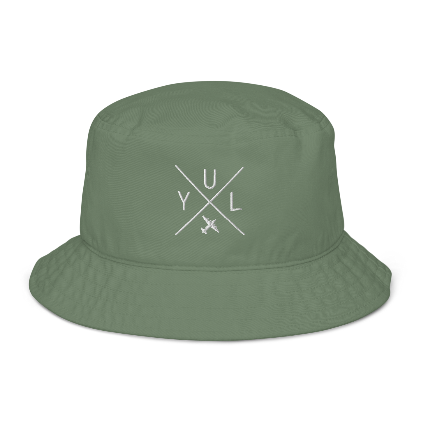 YHM Designs - YUL Montreal Organic Cotton Bucket Hat - Crossed-X Design with Airport Code and Vintage Propliner - White Embroidery - Image 06