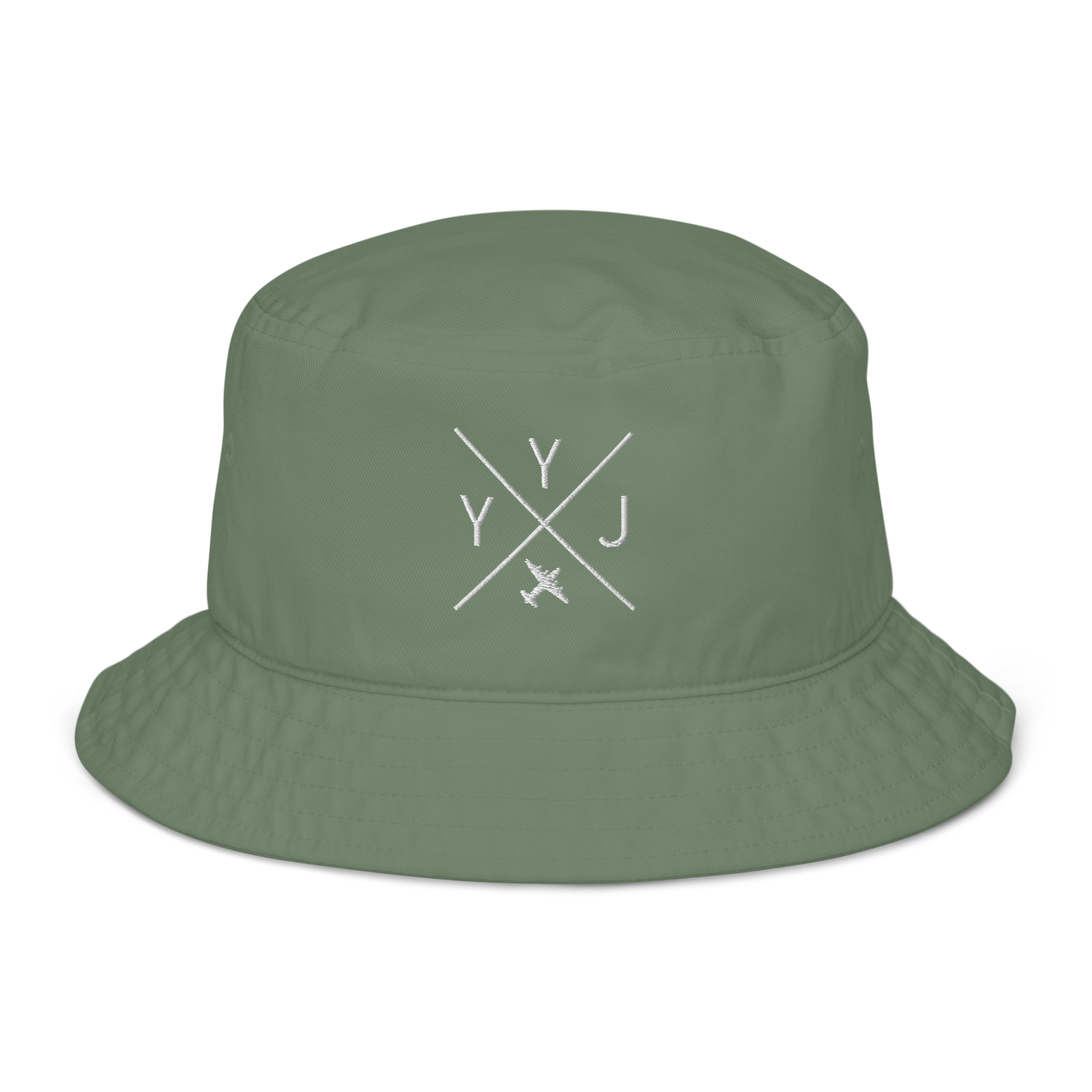 YHM Designs - YYJ Victoria Organic Cotton Bucket Hat - Crossed-X Design with Airport Code and Vintage Propliner - White Embroidery - Image 06