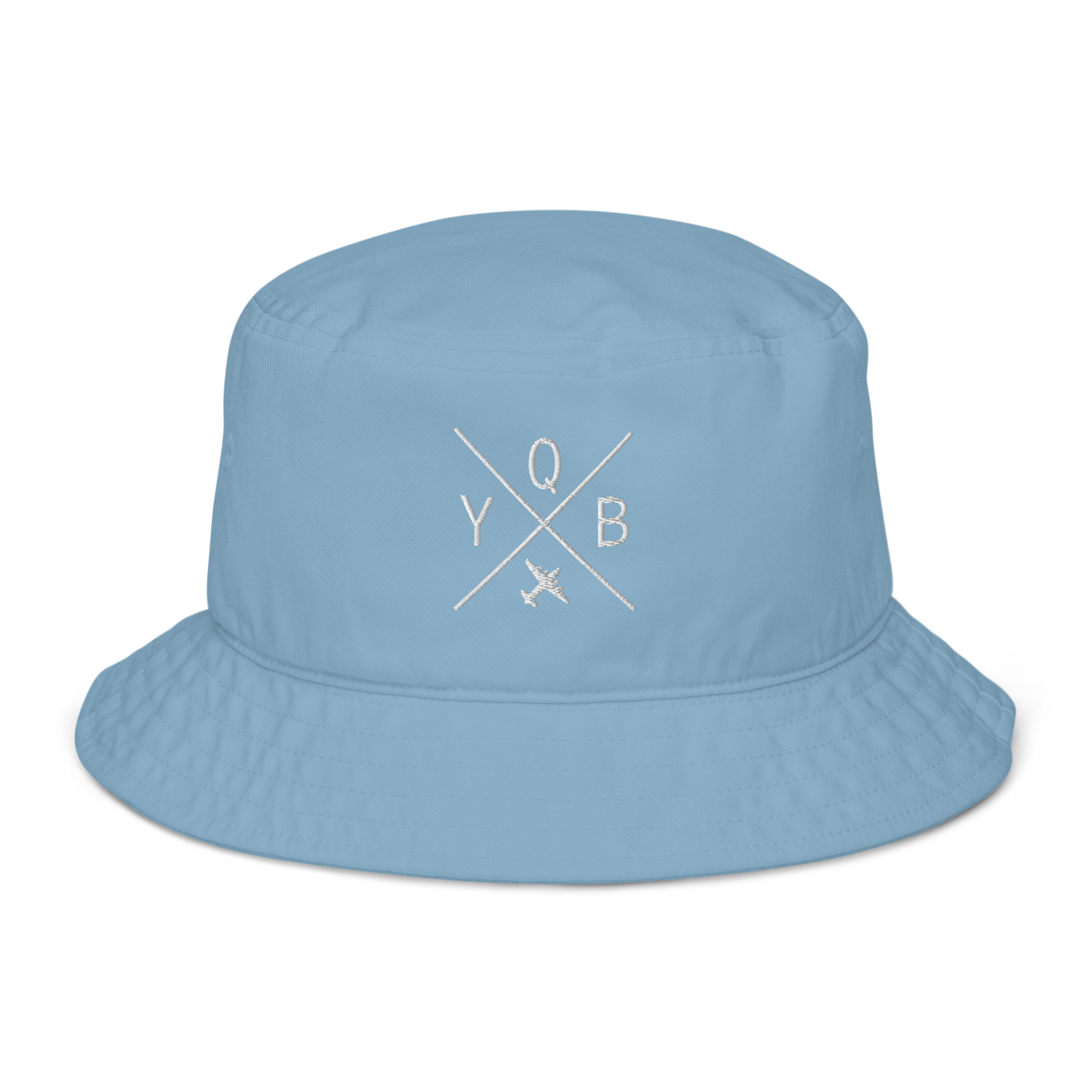 YHM Designs - YQB Quebec City Organic Cotton Bucket Hat - Crossed-X Design with Airport Code and Vintage Propliner - White Embroidery - Image 07