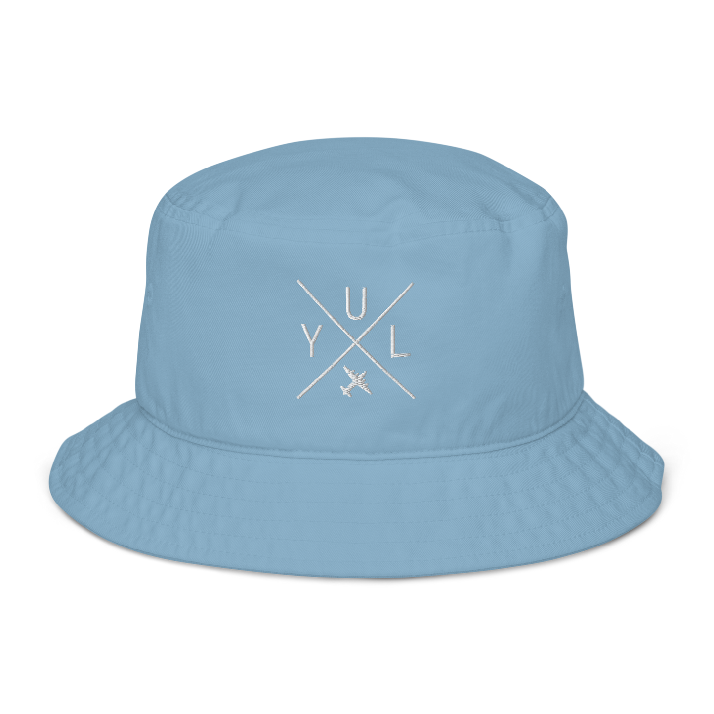 YHM Designs - YUL Montreal Organic Cotton Bucket Hat - Crossed-X Design with Airport Code and Vintage Propliner - White Embroidery - Image 07