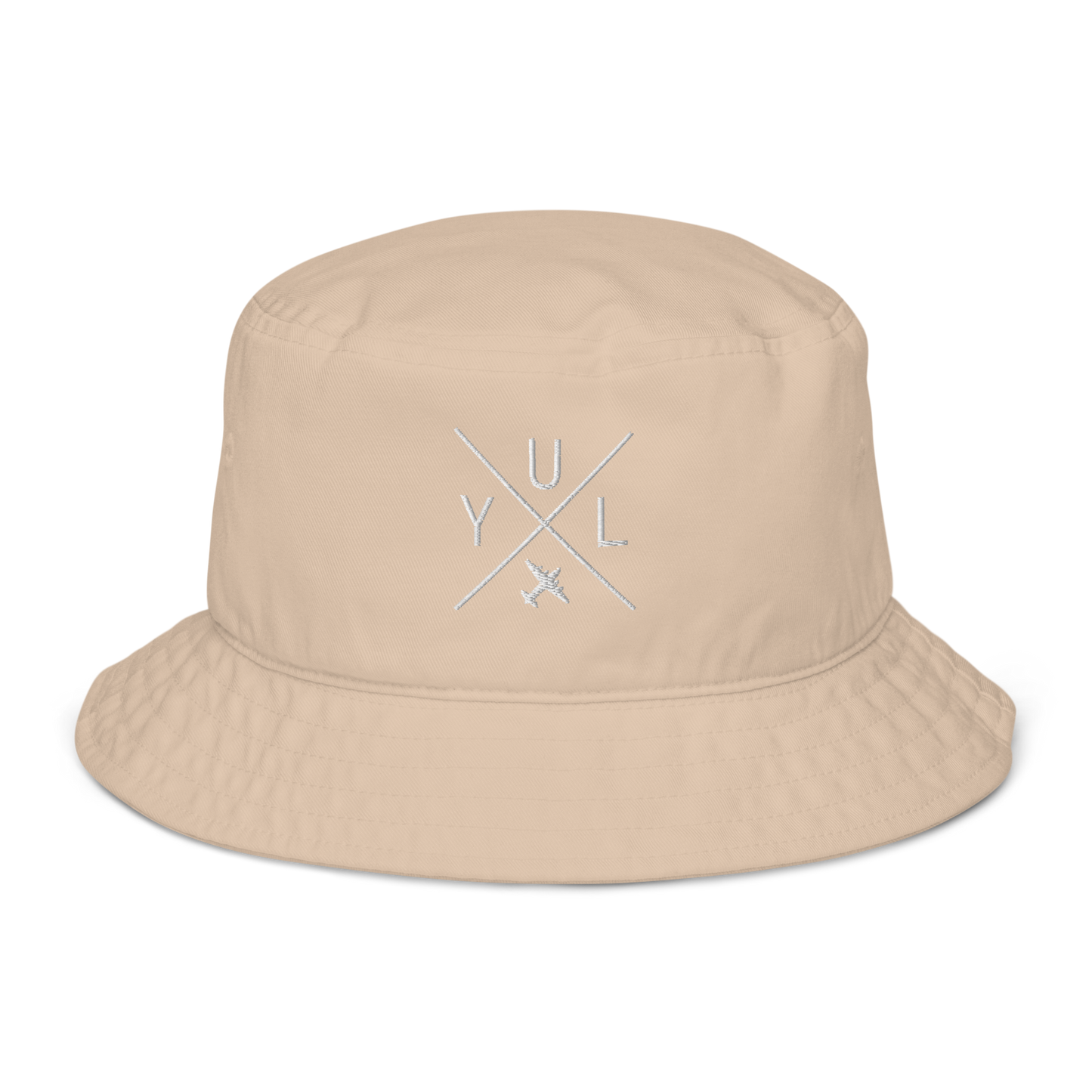 YHM Designs - YUL Montreal Organic Cotton Bucket Hat - Crossed-X Design with Airport Code and Vintage Propliner - White Embroidery - Image 08
