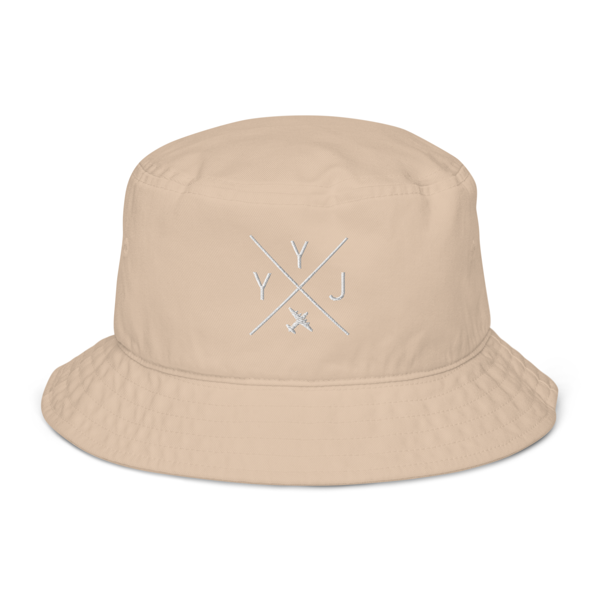 YHM Designs - YYJ Victoria Organic Cotton Bucket Hat - Crossed-X Design with Airport Code and Vintage Propliner - White Embroidery - Image 08