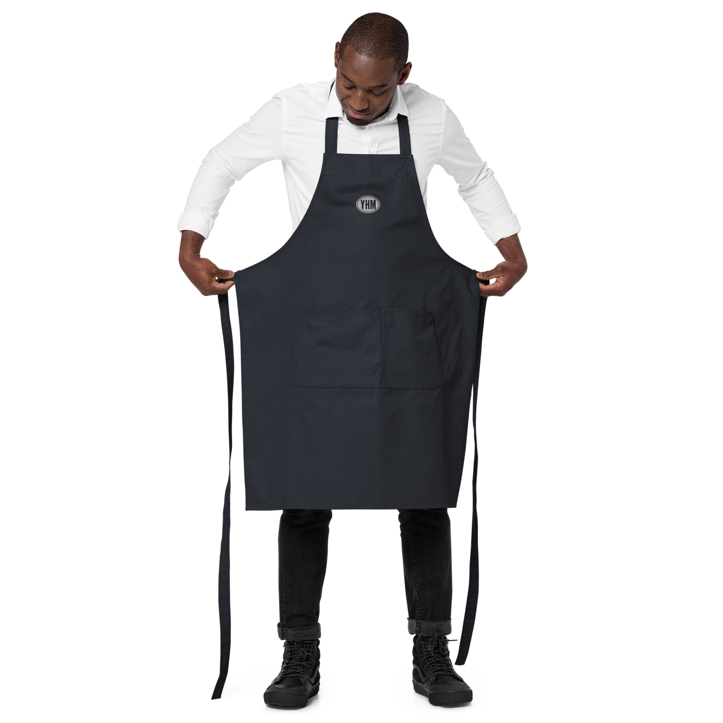 Oval Car Sticker Organic Cotton Apron • Black and White Embroidery