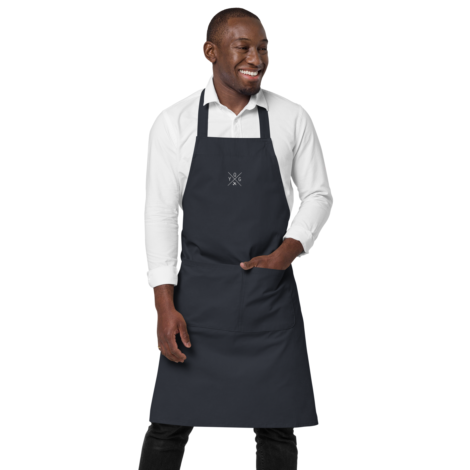 YHM Designs - YQG Windsor Organic Cotton Apron - Crossed-X Design with Airport Code and Vintage Propliner - White Embroidery - Image 11