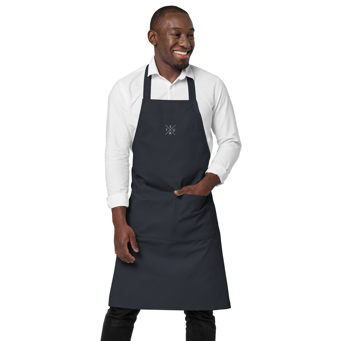 YHM Designs - YXU London Organic Cotton Apron - Crossed-X Design with Airport Code and Vintage Propliner - White Embroidery - Image 11