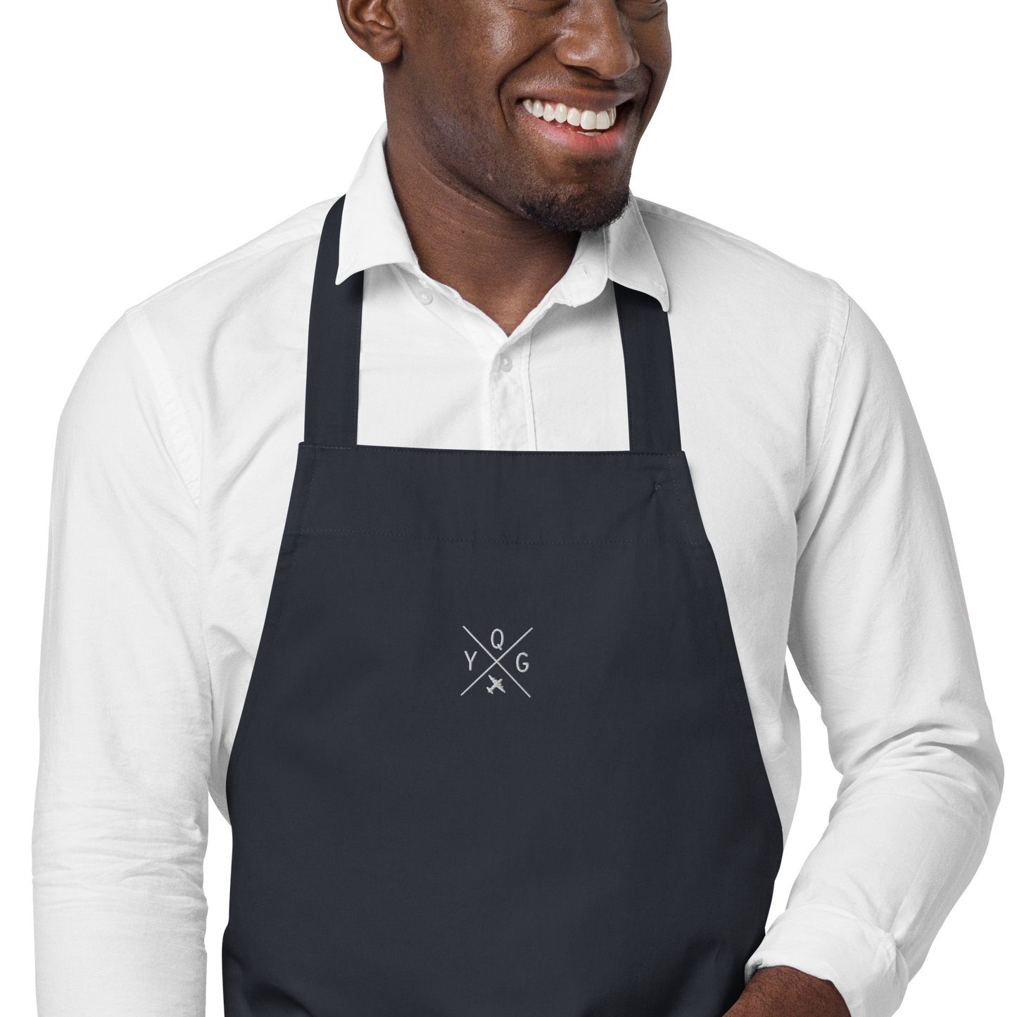 YHM Designs - YQG Windsor Organic Cotton Apron - Crossed-X Design with Airport Code and Vintage Propliner - White Embroidery - Image 10