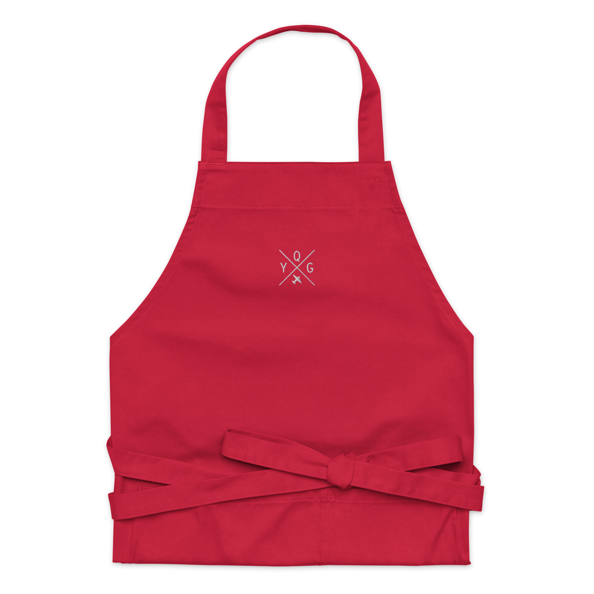 YHM Designs - YQG Windsor Organic Cotton Apron - Crossed-X Design with Airport Code and Vintage Propliner - White Embroidery - Image 05