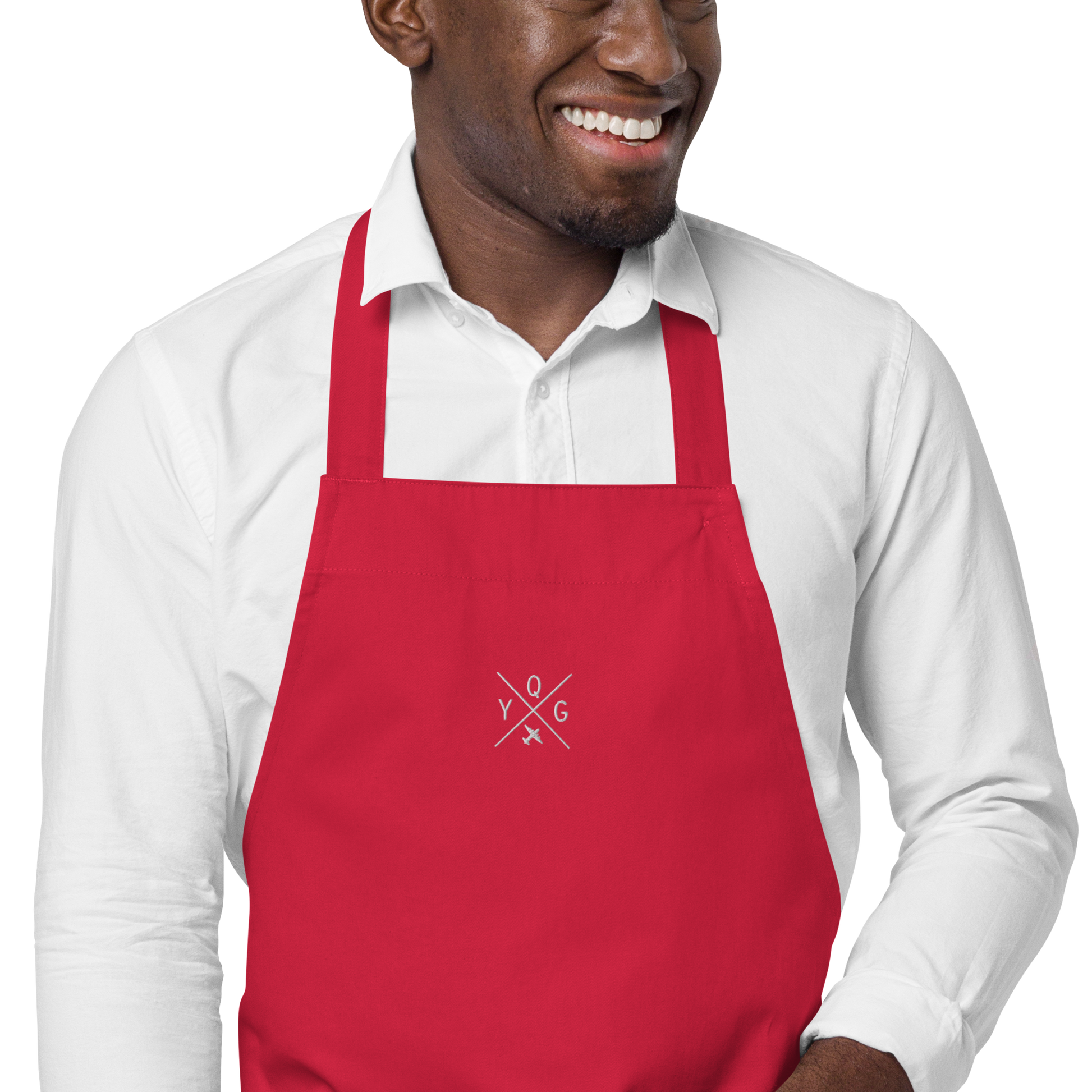 YHM Designs - YQG Windsor Organic Cotton Apron - Crossed-X Design with Airport Code and Vintage Propliner - White Embroidery - Image 02