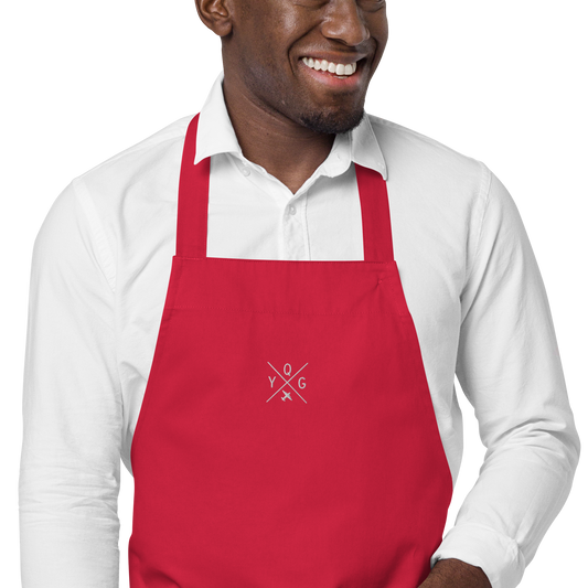 YHM Designs - YQG Windsor Organic Cotton Apron - Crossed-X Design with Airport Code and Vintage Propliner - White Embroidery - Image 02
