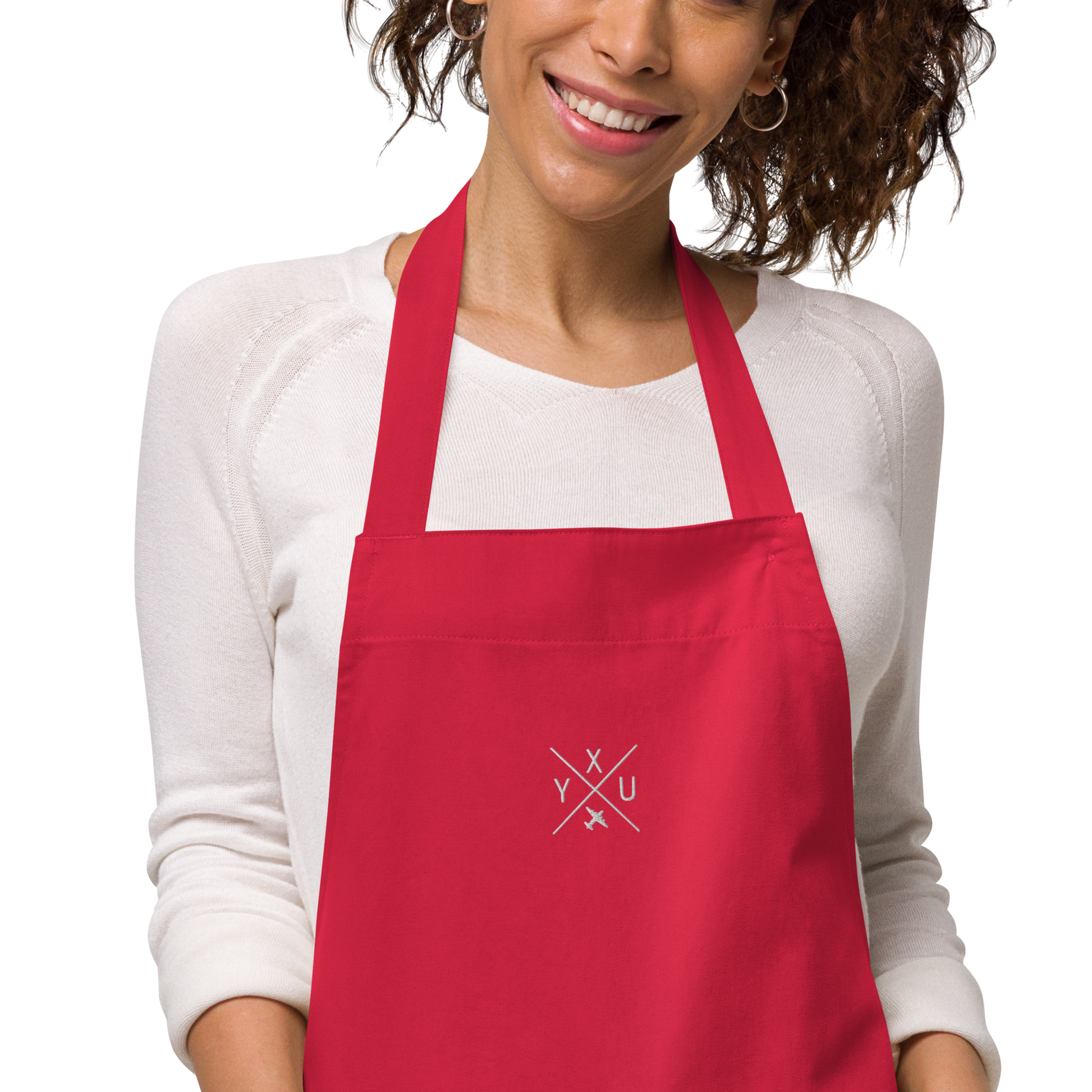 YHM Designs - YXU London Organic Cotton Apron - Crossed-X Design with Airport Code and Vintage Propliner - White Embroidery - Image 06