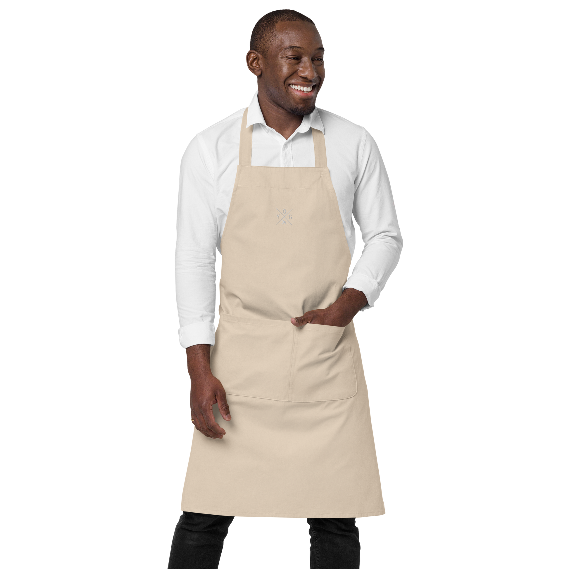 YHM Designs - YQG Windsor Organic Cotton Apron - Crossed-X Design with Airport Code and Vintage Propliner - White Embroidery - Image 14