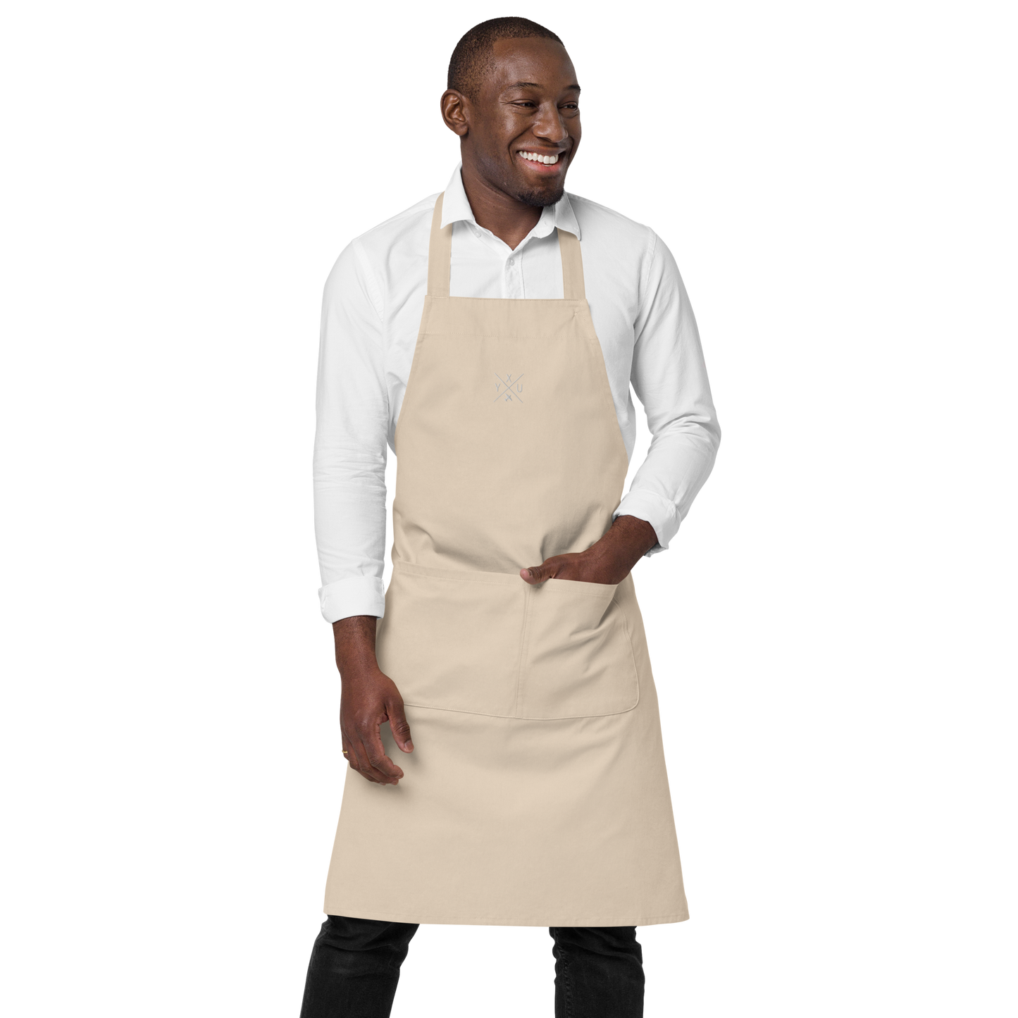 YHM Designs - YXU London Organic Cotton Apron - Crossed-X Design with Airport Code and Vintage Propliner - White Embroidery - Image 14