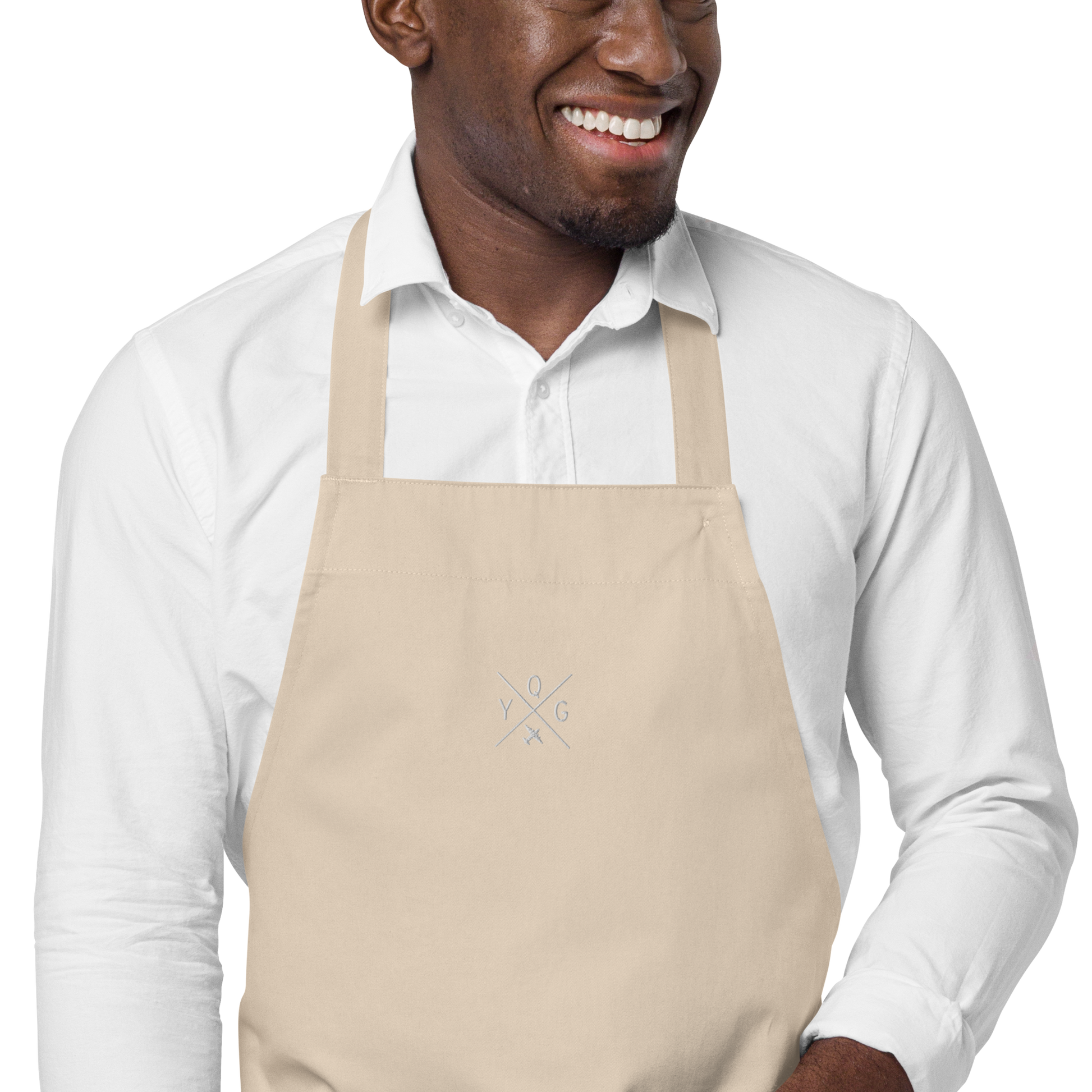 YHM Designs - YQG Windsor Organic Cotton Apron - Crossed-X Design with Airport Code and Vintage Propliner - White Embroidery - Image 13