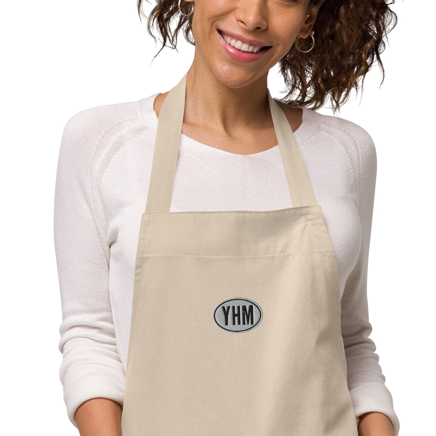 Oval Car Sticker Organic Cotton Apron • Black and White Embroidery