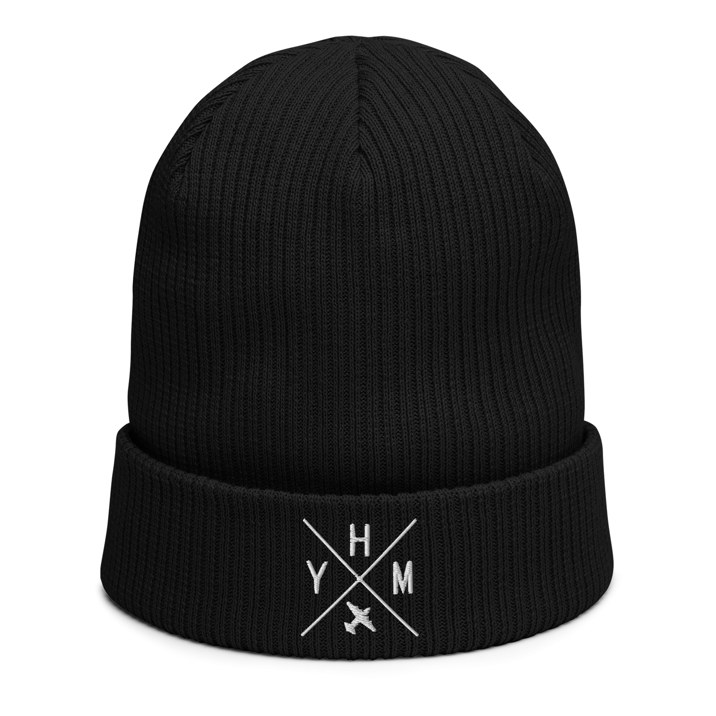 Crossed-X Organic Ribbed Beanie • White Embroidery