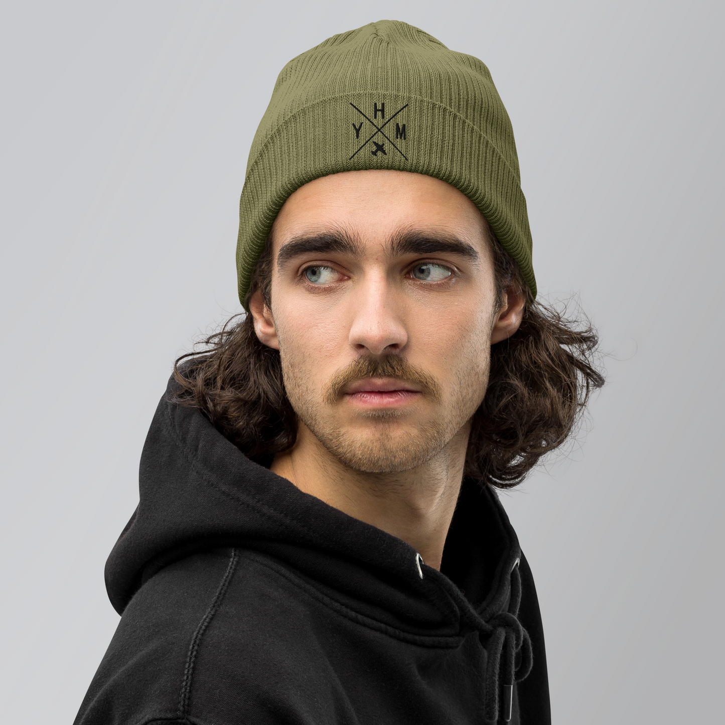 Crossed-X Organic Ribbed Beanie • Black Embroidery