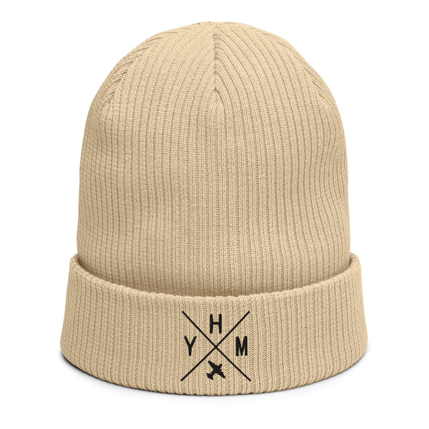 Crossed-X Organic Ribbed Beanie • Black Embroidery