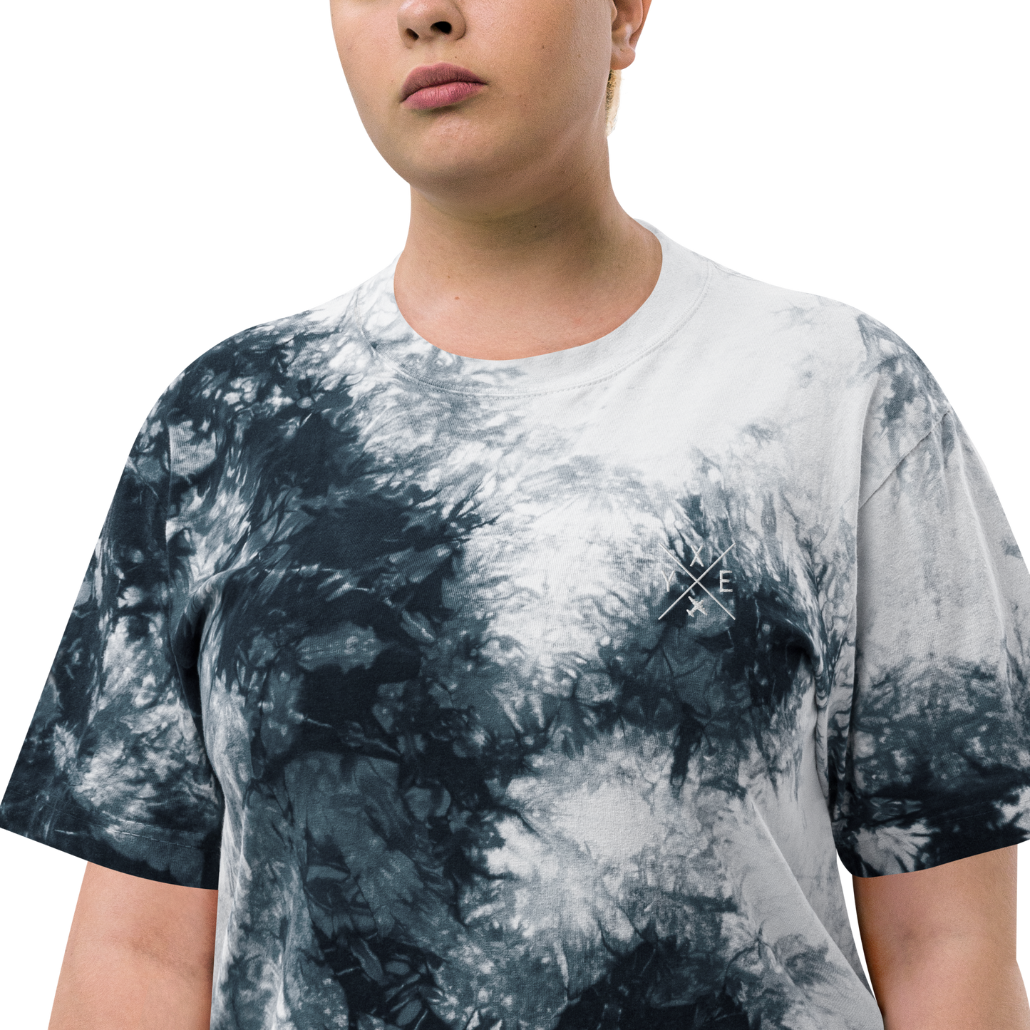 YHM Designs - YXE Saskatoon Oversized Tie-Dye T-Shirt - Crossed-X Design with Airport Code and Vintage Propliner - White Embroidery - Image 18