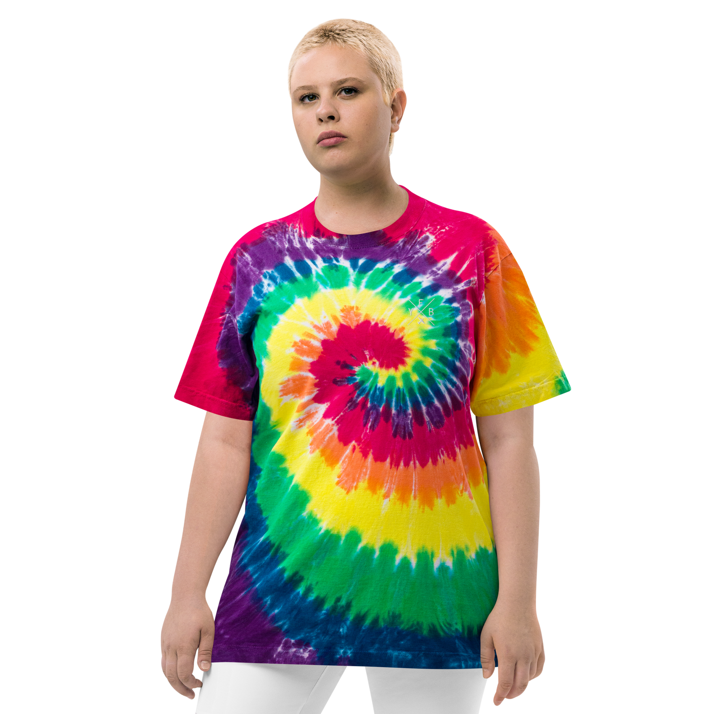 YHM Designs - YFB Iqaluit Oversized Tie-Dye T-Shirt - Crossed-X Design with Airport Code and Vintage Propliner - White Embroidery - Image 01