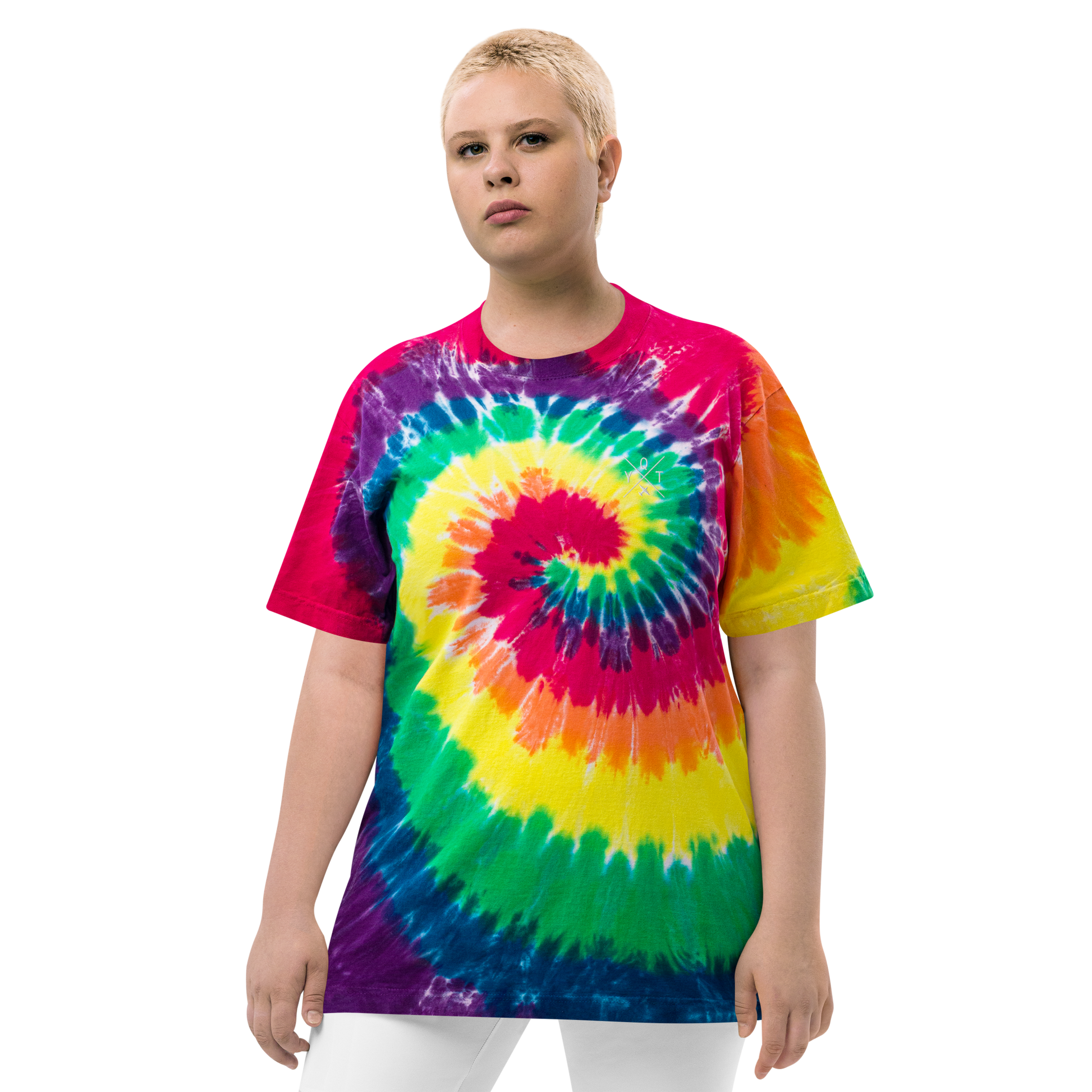 YHM Designs - YQT Thunder Bay Oversized Tie-Dye T-Shirt - Crossed-X Design with Airport Code and Vintage Propliner - White Embroidery - Image 01