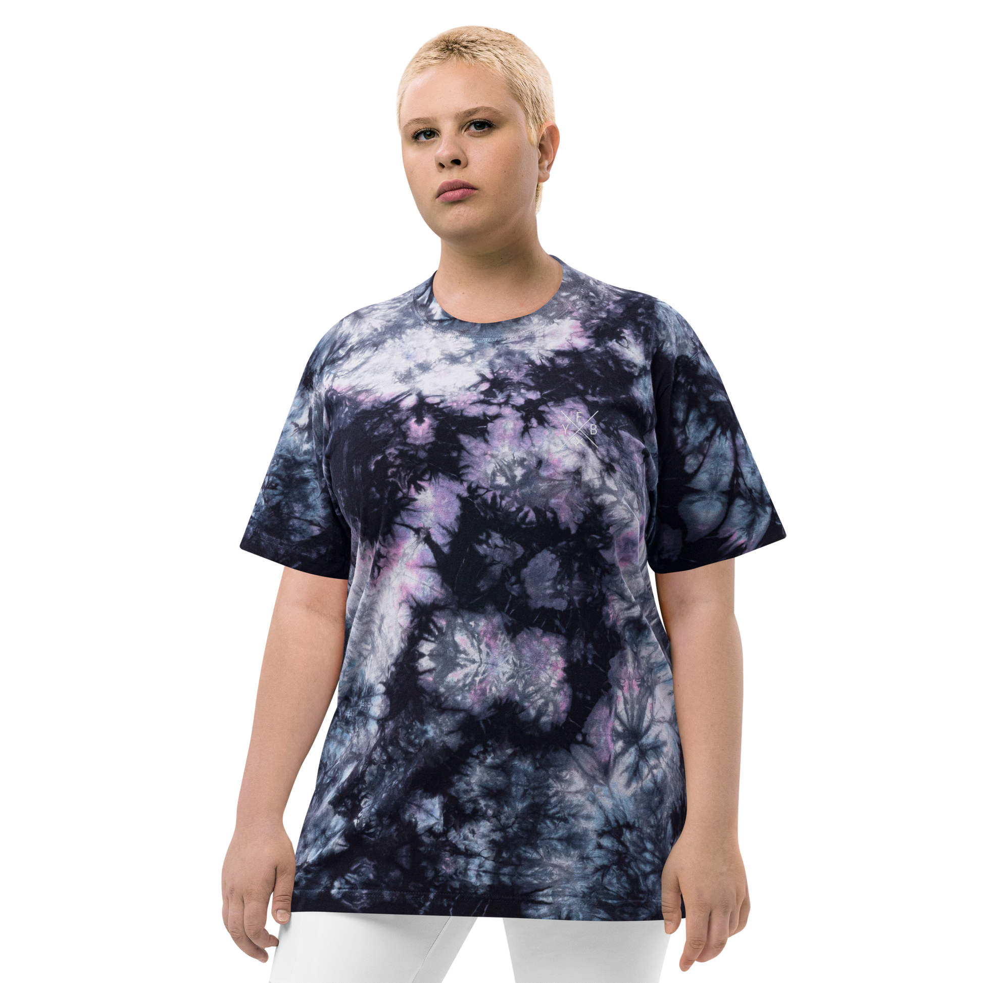 YHM Designs - YFB Iqaluit Oversized Tie-Dye T-Shirt - Crossed-X Design with Airport Code and Vintage Propliner - White Embroidery - Image 05