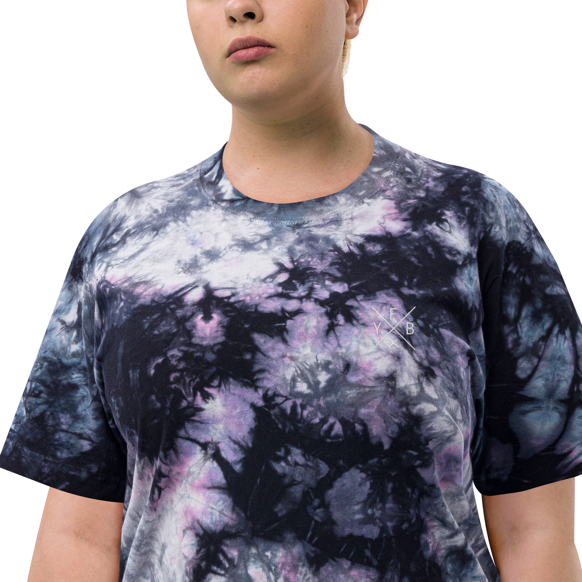 YHM Designs - YFB Iqaluit Oversized Tie-Dye T-Shirt - Crossed-X Design with Airport Code and Vintage Propliner - White Embroidery - Image 07