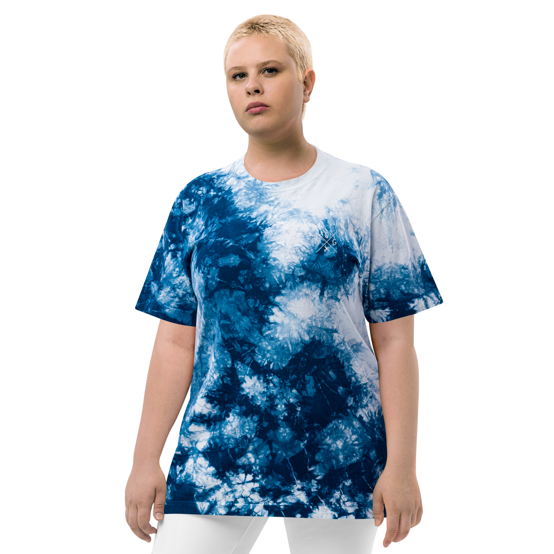 YHM Designs - YQG Windsor Oversized Tie-Dye T-Shirt - Crossed-X Design with Airport Code and Vintage Propliner - White Embroidery - Image 08