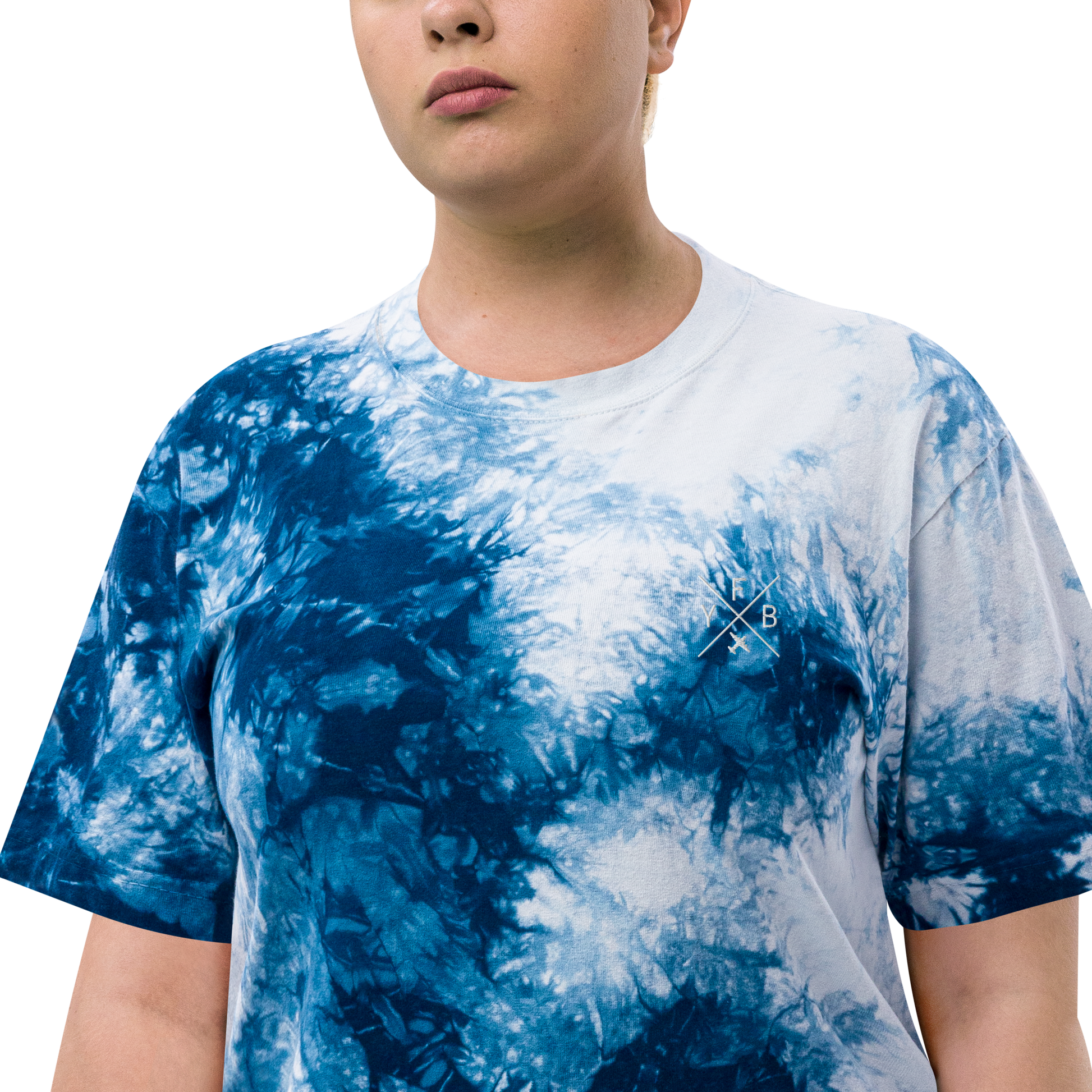 YHM Designs - YFB Iqaluit Oversized Tie-Dye T-Shirt - Crossed-X Design with Airport Code and Vintage Propliner - White Embroidery - Image 10