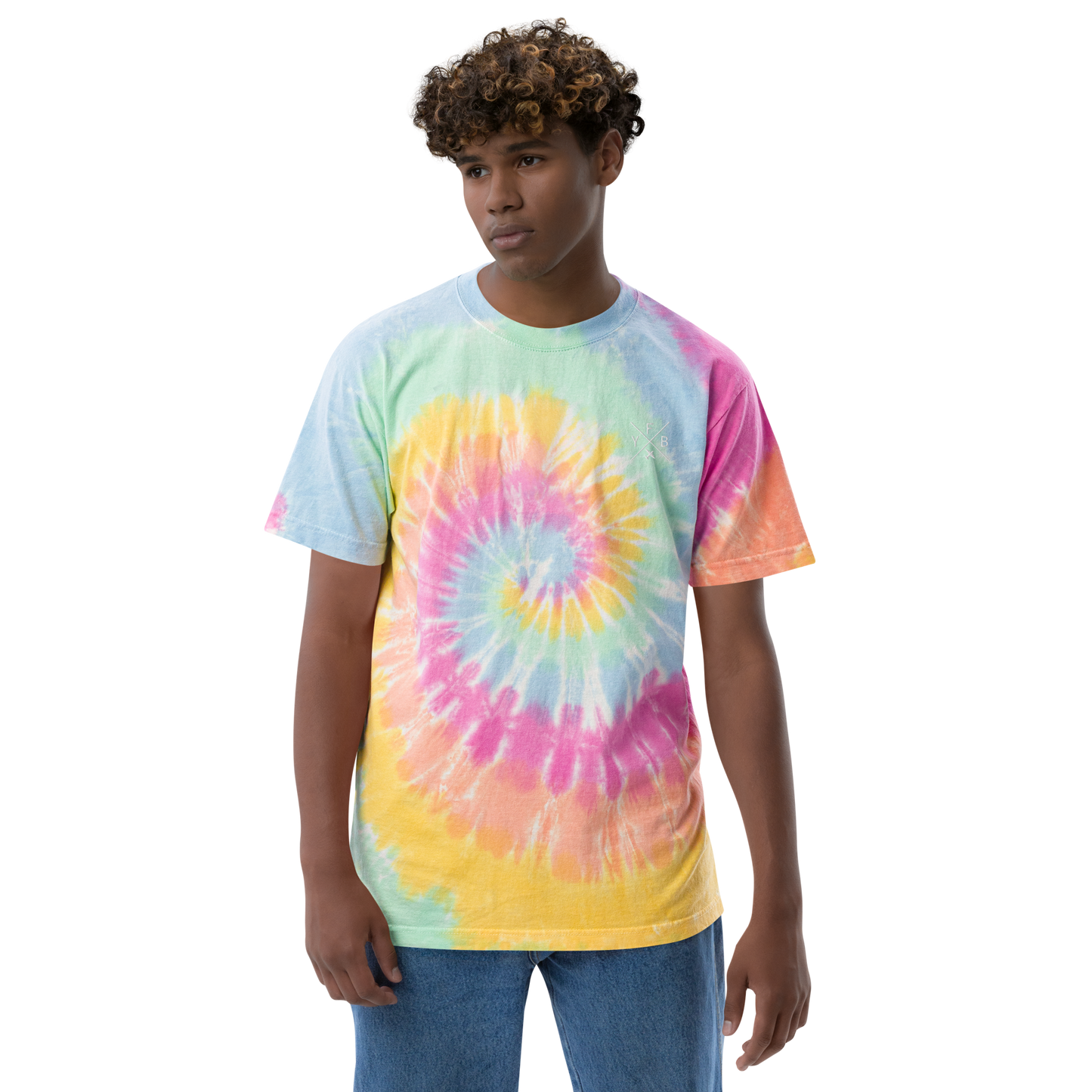 YHM Designs - YFB Iqaluit Oversized Tie-Dye T-Shirt - Crossed-X Design with Airport Code and Vintage Propliner - White Embroidery - Image 04