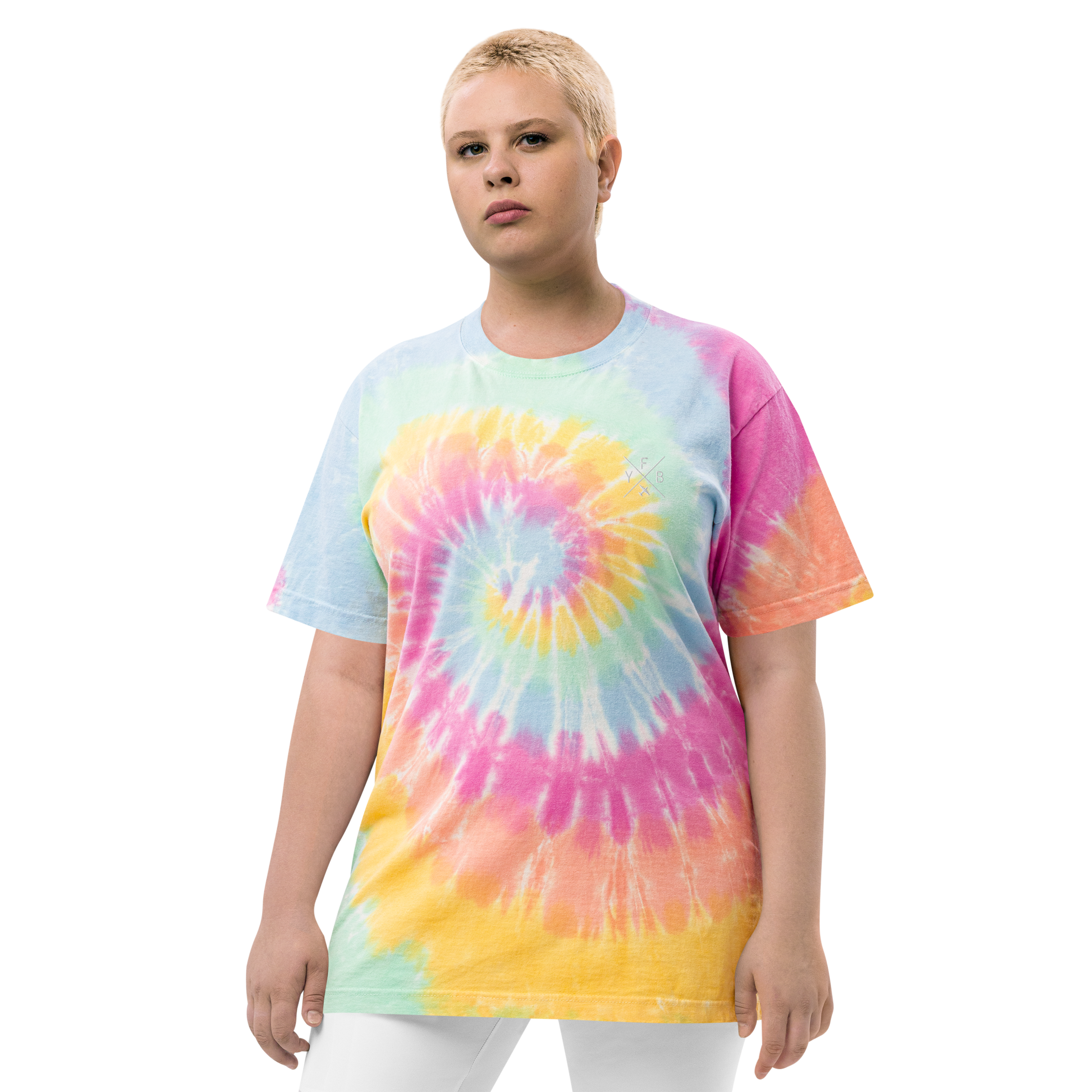 YHM Designs - YFB Iqaluit Oversized Tie-Dye T-Shirt - Crossed-X Design with Airport Code and Vintage Propliner - White Embroidery - Image 11