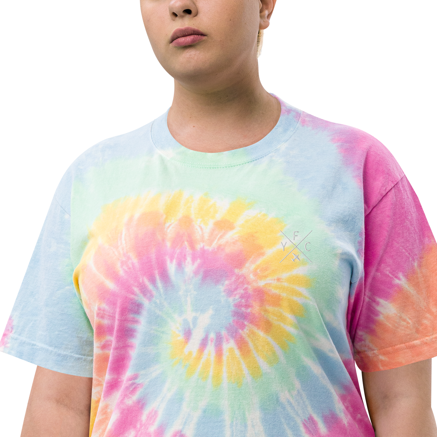 YHM Designs - YFC Fredericton Oversized Tie-Dye T-Shirt - Crossed-X Design with Airport Code and Vintage Propliner - White Embroidery - Image 13