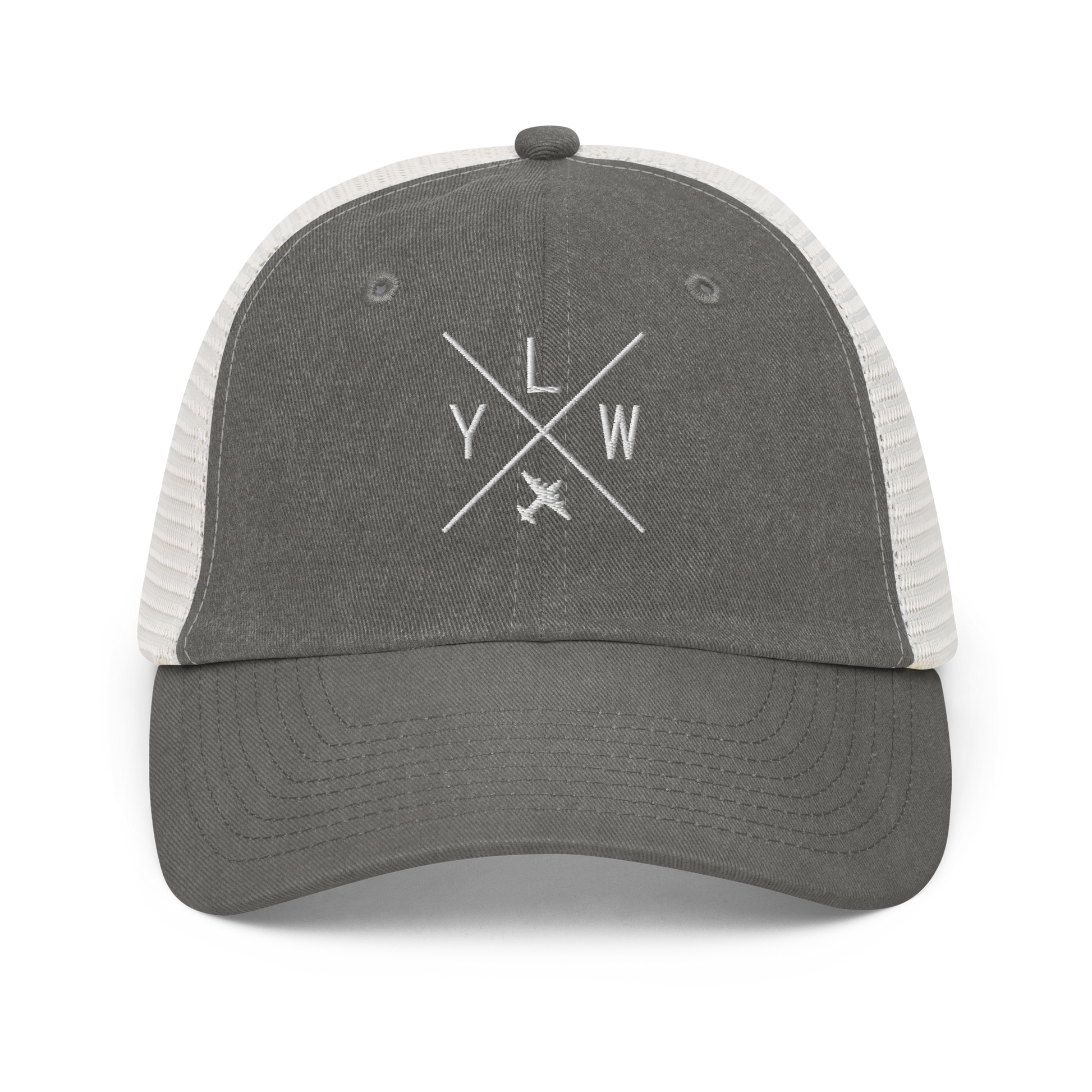 YHM Designs - YLW Kelowna Pigment-Dyed Trucker Cap - Crossed-X Design with Airport Code and Vintage Propliner - White Embroidery - Image 09