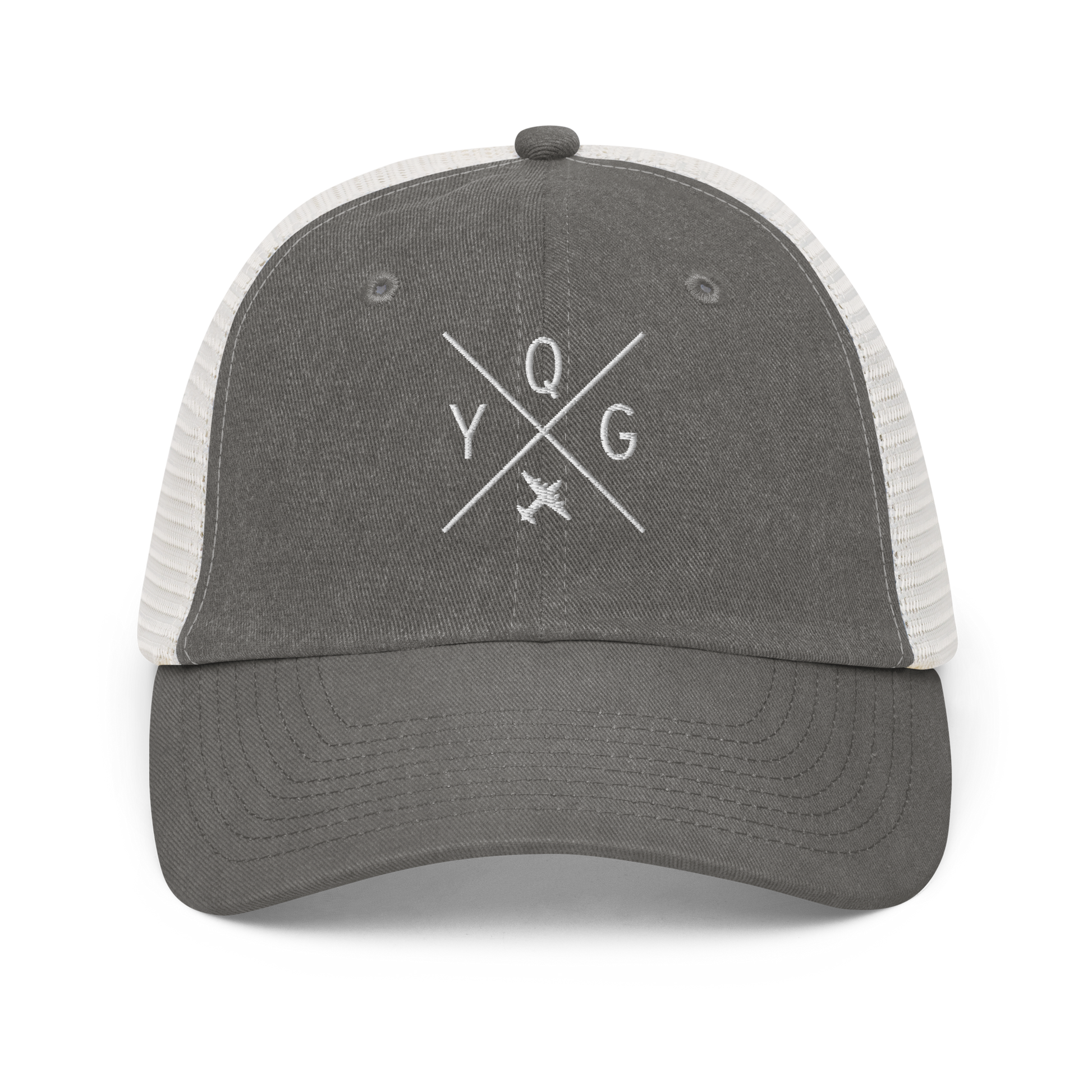 YHM Designs - YQG Windsor Pigment-Dyed Trucker Cap - Crossed-X Design with Airport Code and Vintage Propliner - White Embroidery - Image 09