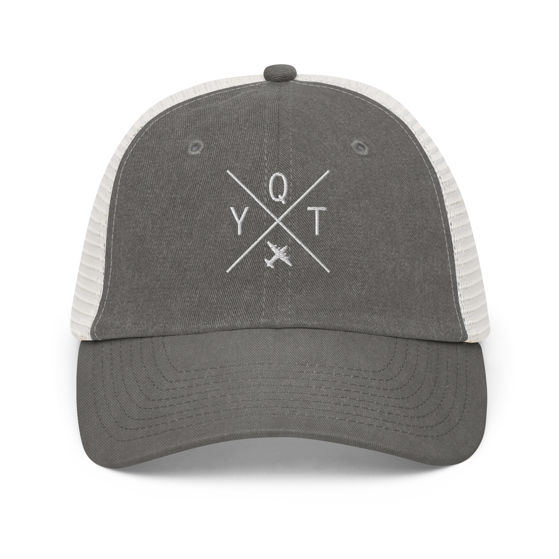 YHM Designs - YQT Thunder Bay Pigment-Dyed Trucker Cap - Crossed-X Design with Airport Code and Vintage Propliner - White Embroidery - Image 09